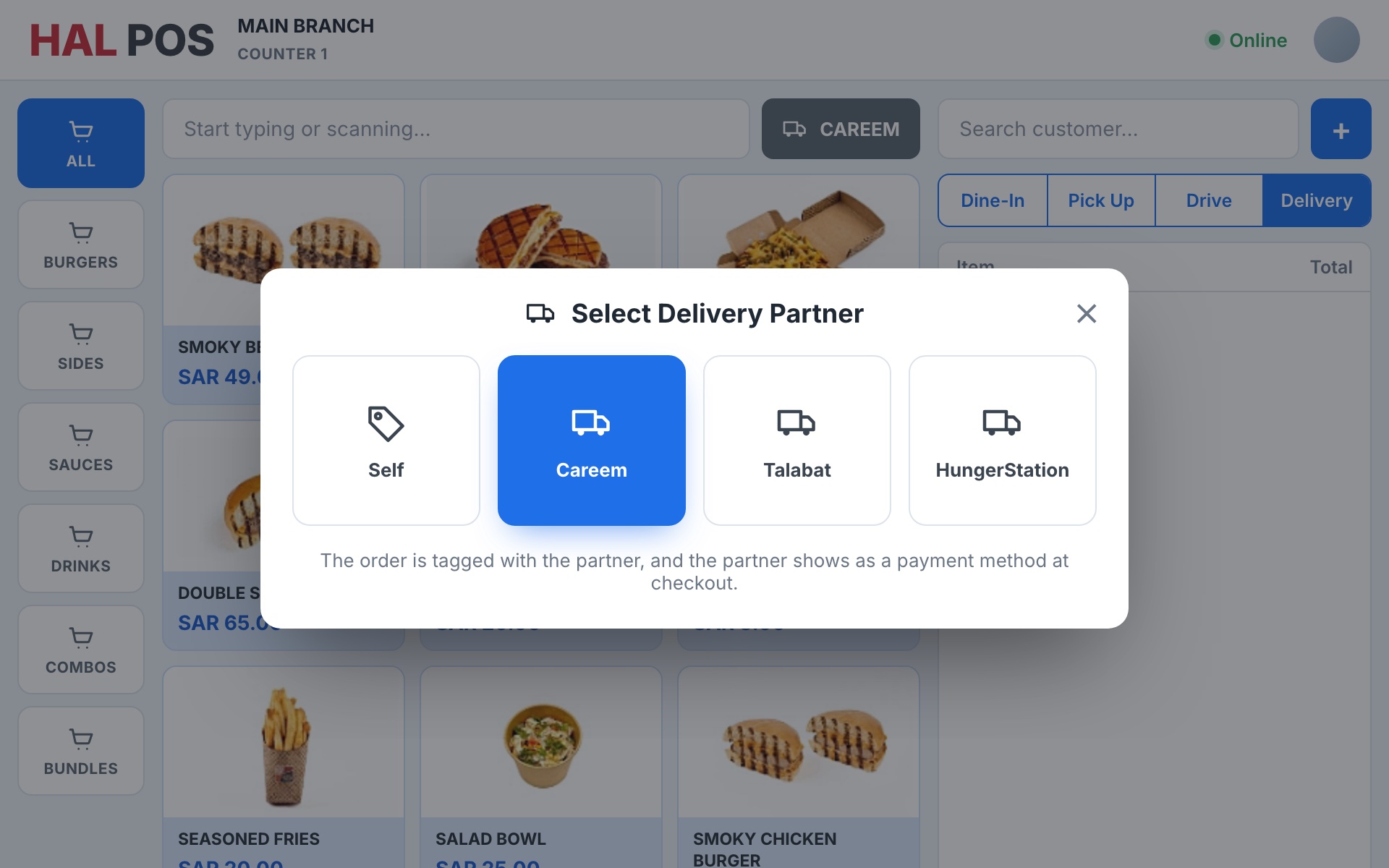 Select Delivery Partner window over the order screen, with Careem chosen.