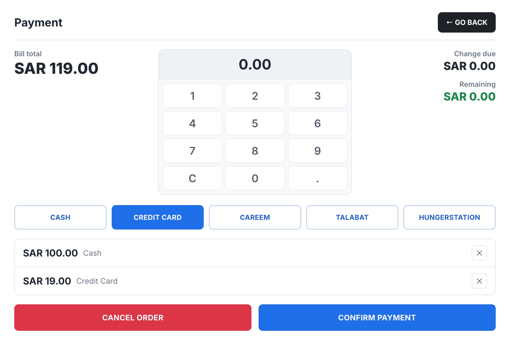 HAL POSsible payment screen: a SAR 119 bill split between SAR 100 in cash and SAR 19 by credit card, with delivery partners listed as payment methods.