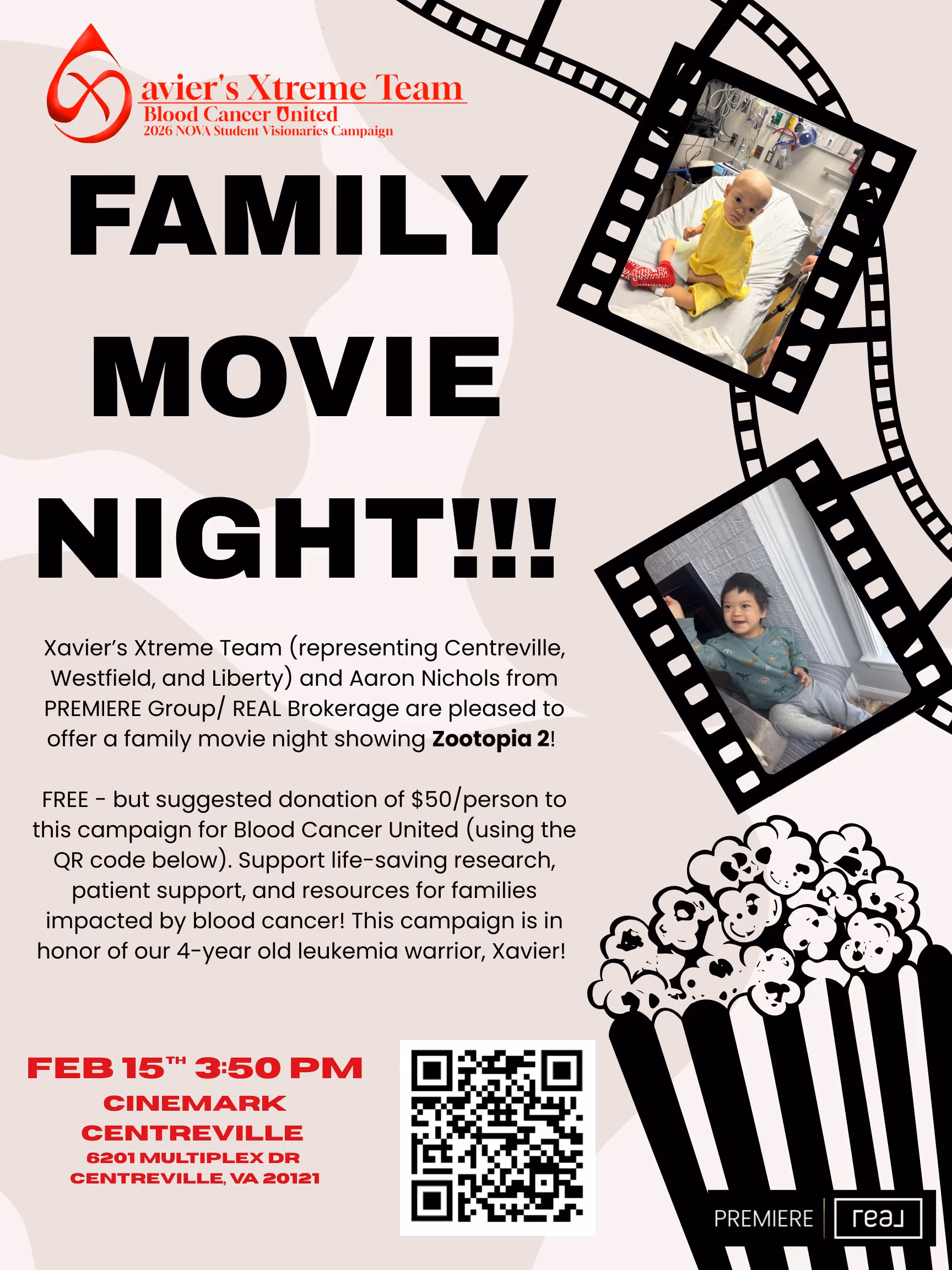 Flyer for Family Movie Night hosted by Xavier’s Xtreme Team and Aaron Nichols, showing Zootopia 2 on Feb 15 at Cinemark Centreville, with a popcorn graphic, film strip frames featuring photos of children, and a QR code for donations to Blood Cancer United.