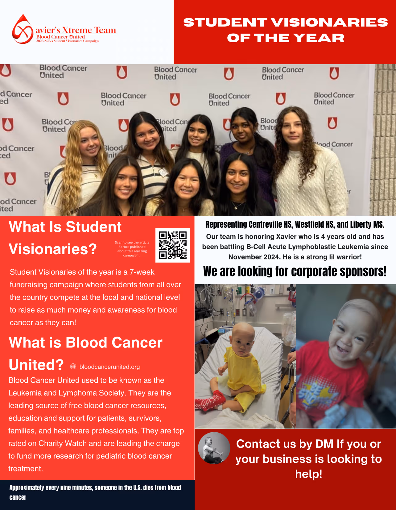 Group photo of eight young students in front of a Blood Cancer United backdrop with text about the Student Visionaries campaign raising funds for pediatric blood cancer and seeking corporate sponsors, featuring two photos of a young child diagnosed with leukemia.