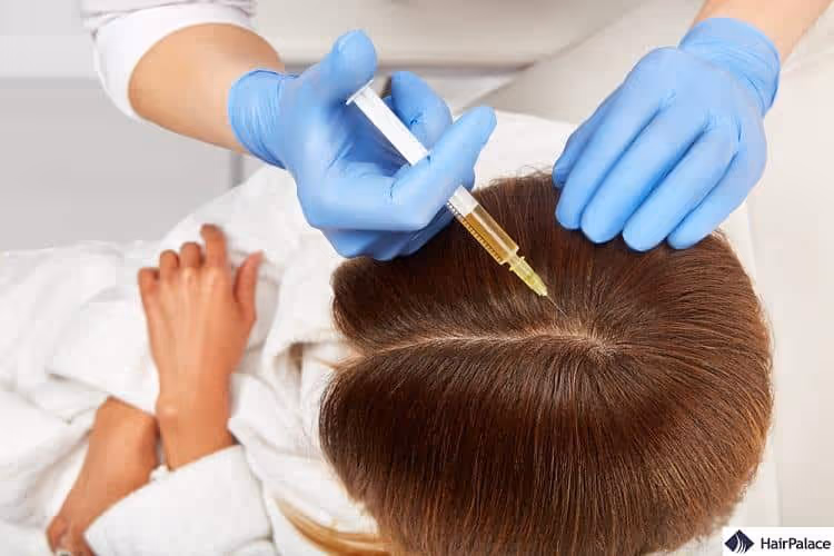A medical provider in blue gloves administering a PRF hair restoration injection into the scalp of a female patient to stimulate natural hair growth at Beatus Aesthetics in Burlingame, CA.