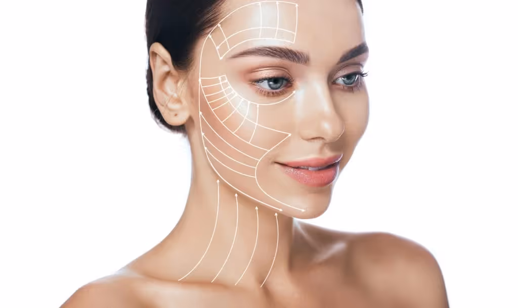 A graphic illustrating facial skin lifting treatment areas with white contour lines on a woman's face and neck, representing non-surgical rejuvenation at Beatus Aesthetics in Burlingame, CA.