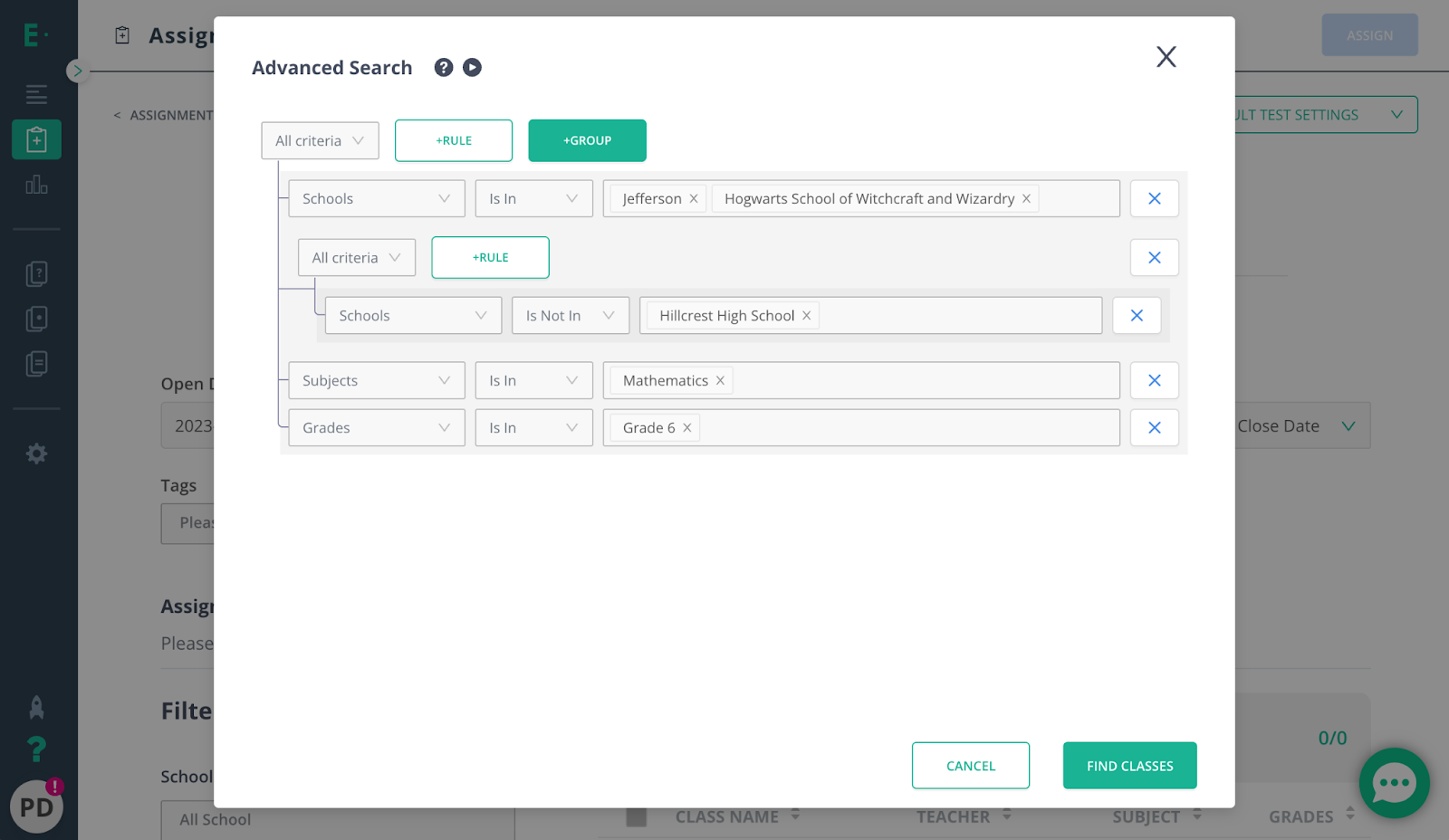 A screenshot of Edulastic's advanced search