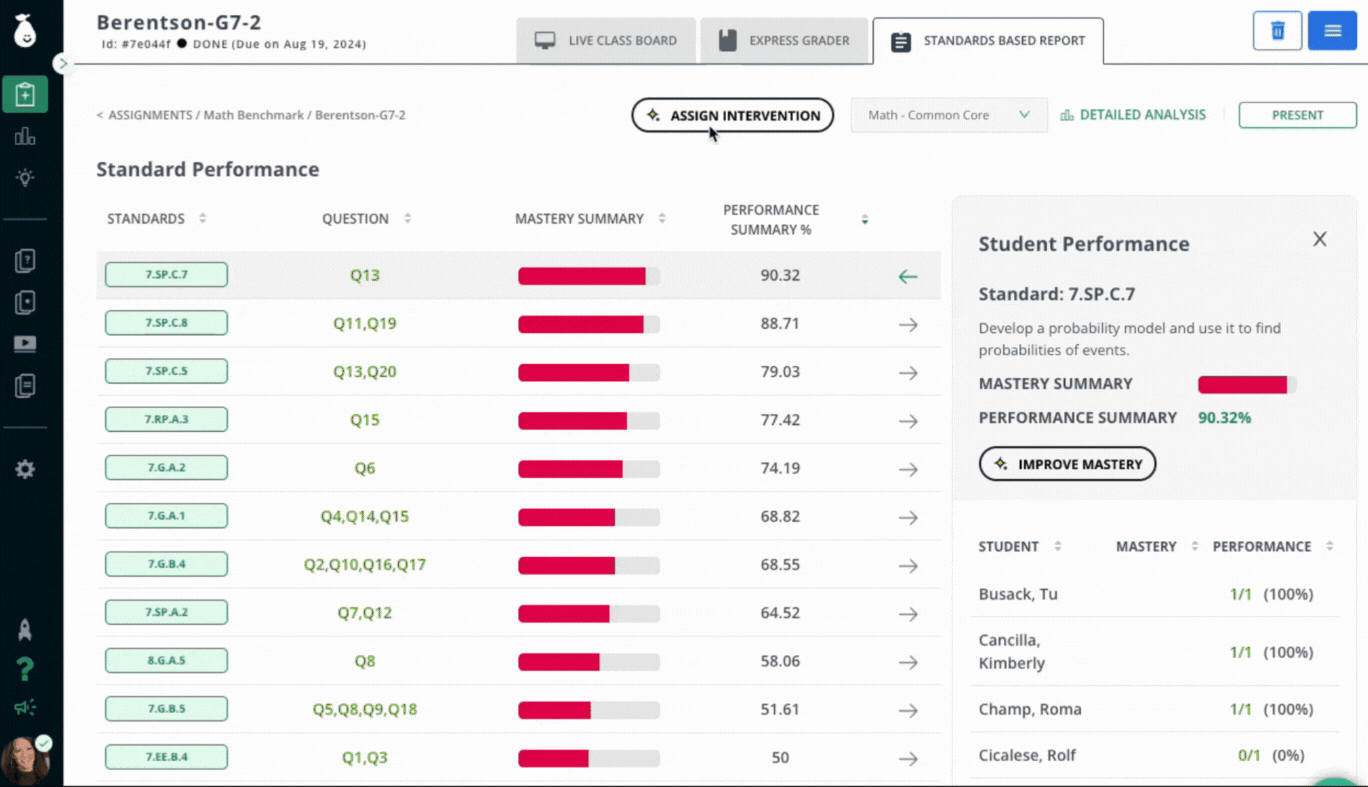 A screenrecording of assigning intervention from the standards based report in Pear Assessment
