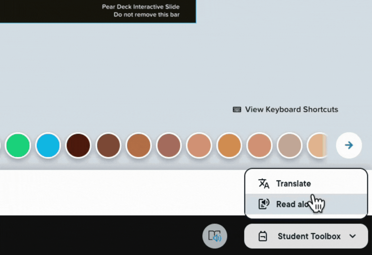 A screenrecording of Pear Deck's student tool box providing translation tools for ELL students
