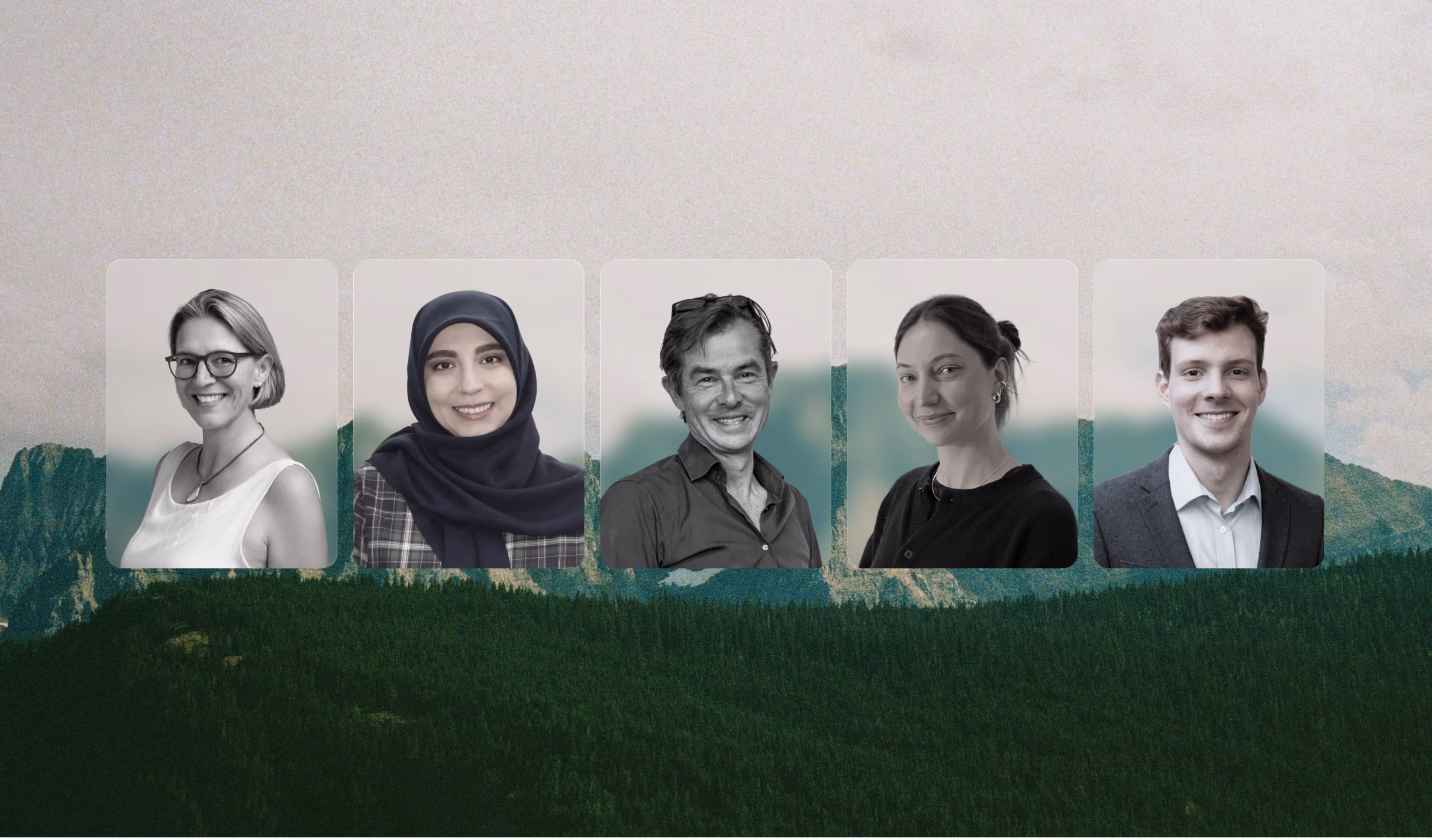 Portraits of experts set against a mountain landscape