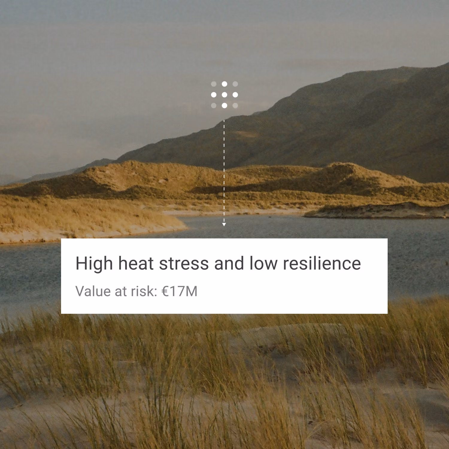 Illustrative risk insight card over a coastal dune landscape
