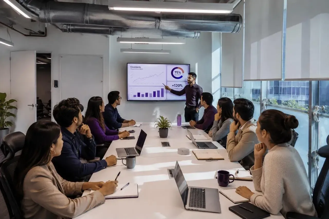 Un facilitador presenta resultados de ventas a los participantes