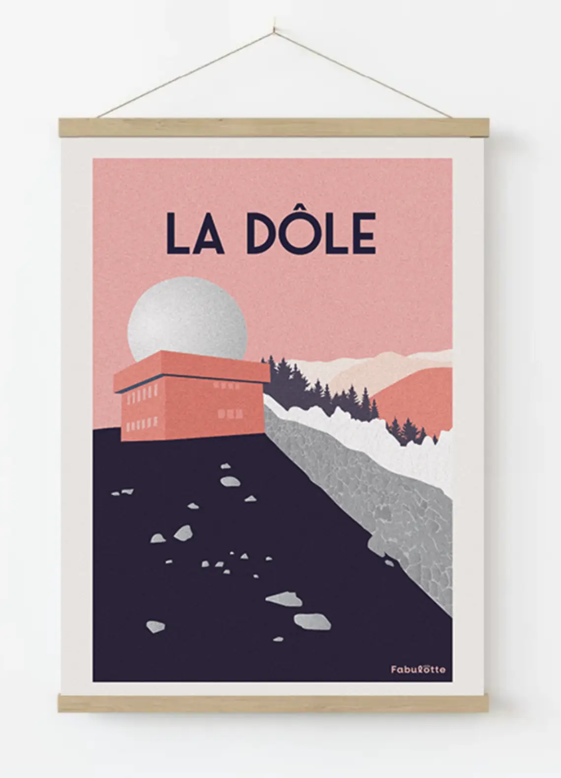 Affiche vectorielle moderne la Dôle - Monts Jura - rose portrait - sur porte affiche en bois - Édition limitée par Fabulotte.