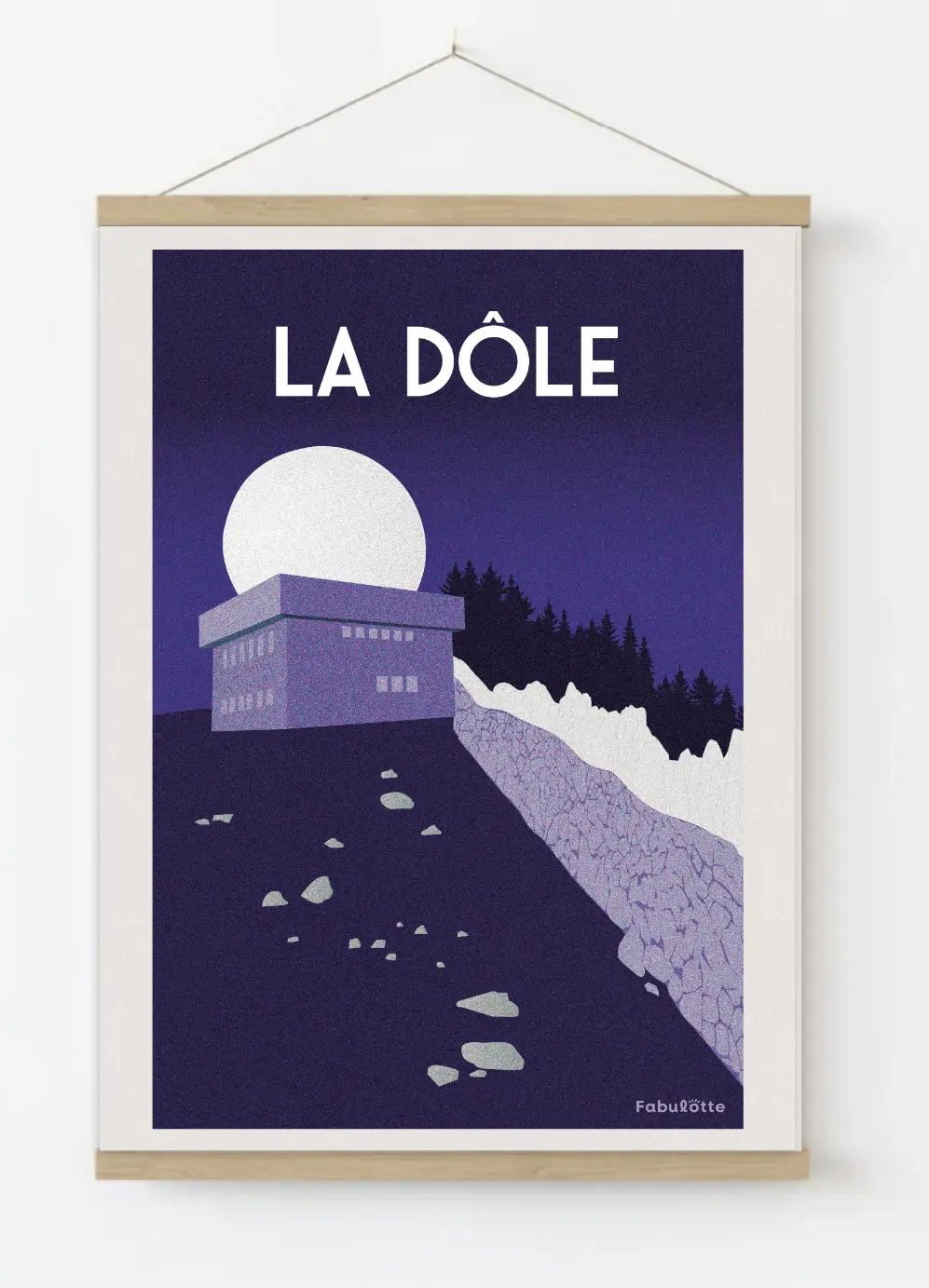Affiche vectorielle moderne la Dôle - Monts Jura - bleu portrait - sur porte affiche en bois - Édition limitée par Fabulotte.