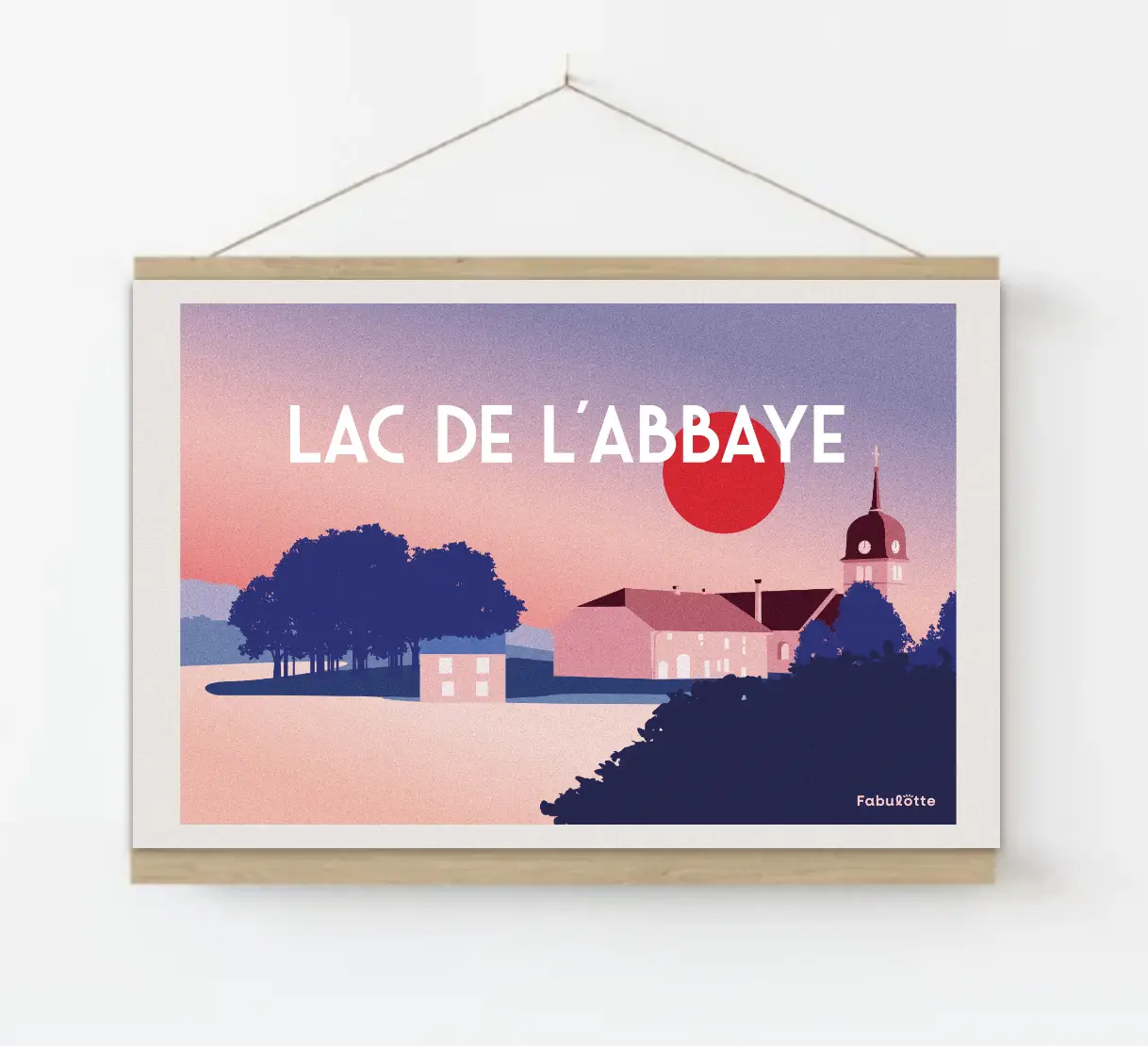 Affiche vectorielle moderne du Lac de L'abbaye - Monts Jura - canard et rose en paysage - sur porte affiche en bois - Édition limitée par Fabulotte.