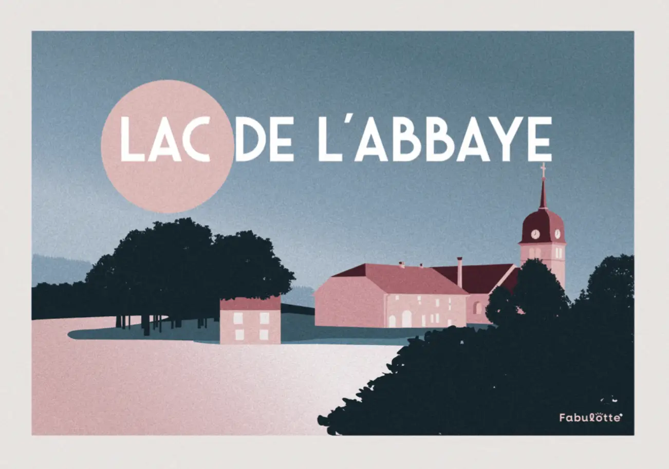 Affiche vectorielle moderne du Lac de L'abbaye - Monts Jura - canard et rose en paysage - Édition limitée par Fabulotte.