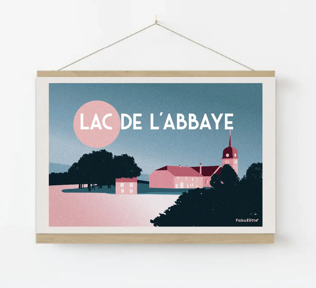 Affiche vectorielle moderne du Lac de L'abbaye - Monts Jura - canard et rose en paysage - sur oprte affiche en bois - Édition limitée par Fabulotte.