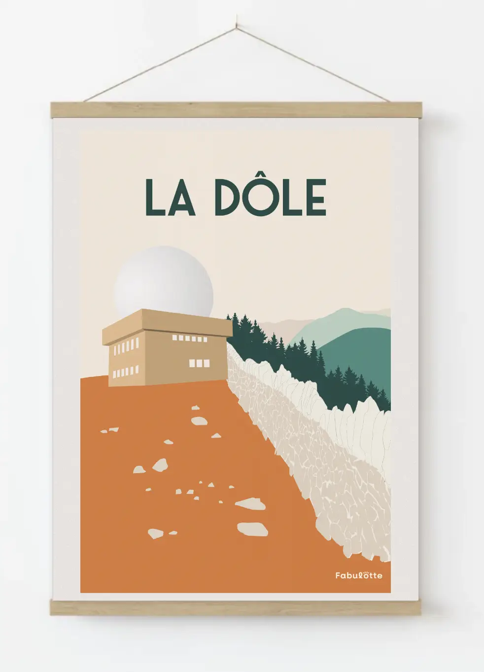 Affiche vectorielle moderne la Dôle - Monts Jura - beige portrait - sur porte affiche en bois - Édition limitée par Fabulotte.