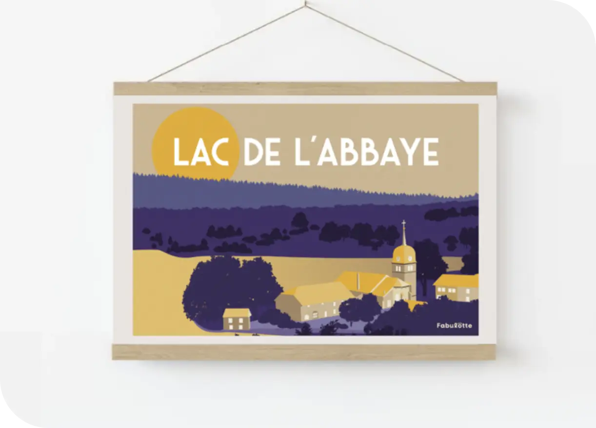 Affiche vectorielle moderne du lac de l'abbaye - montagne du Jura - violet et jaune - avec porte affiche en bois - Édition limitée par Fabulotte.
