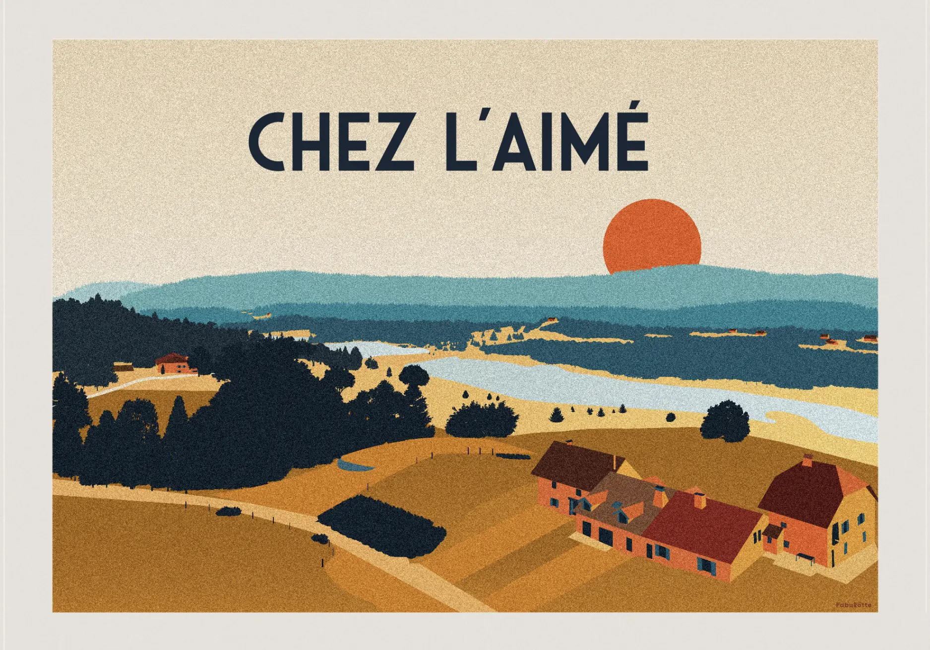 Affiche vectorielle moderne sur mesure d'une maison jurassienne réputée - chez l'Aimé - montagne du Jura - beige - Édition limitée par Fabulotte.