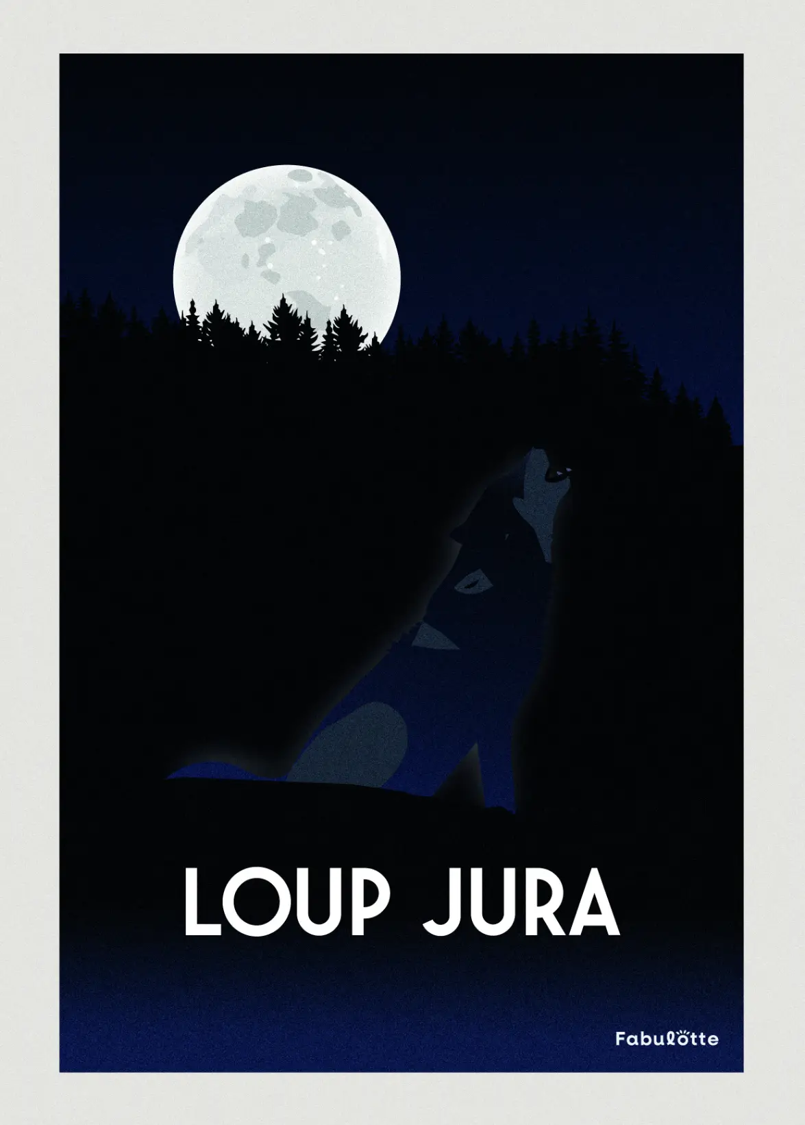 Affiche vectorielle moderne d'un loup dans le Jura - Monts Jura - bleu marine et blanc - Édition limitée par Fabulotte.