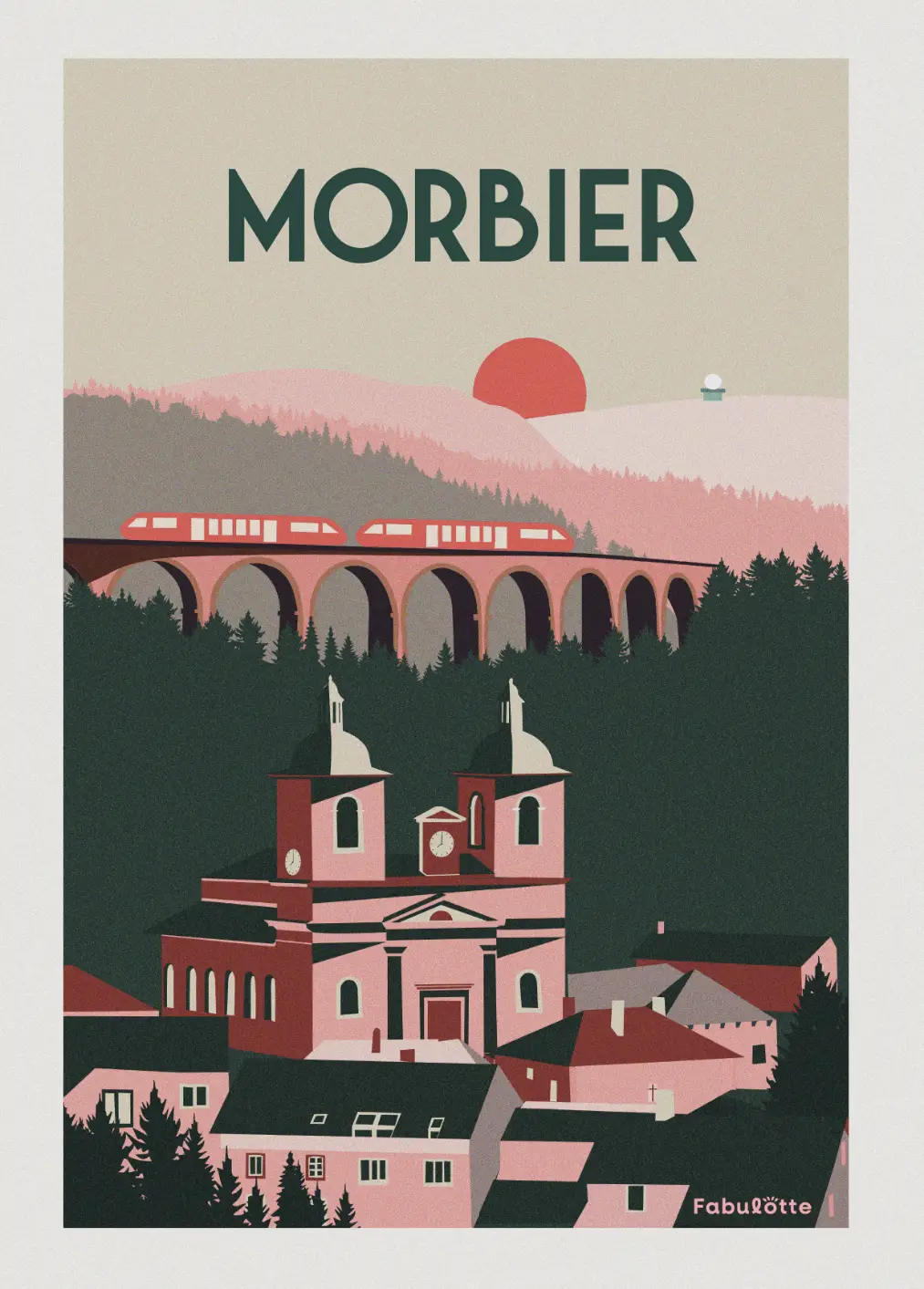 Affiche vectorielle moderne ville de Morbier - Monts Jura - vert et rose - Édition limitée par Fabulotte.