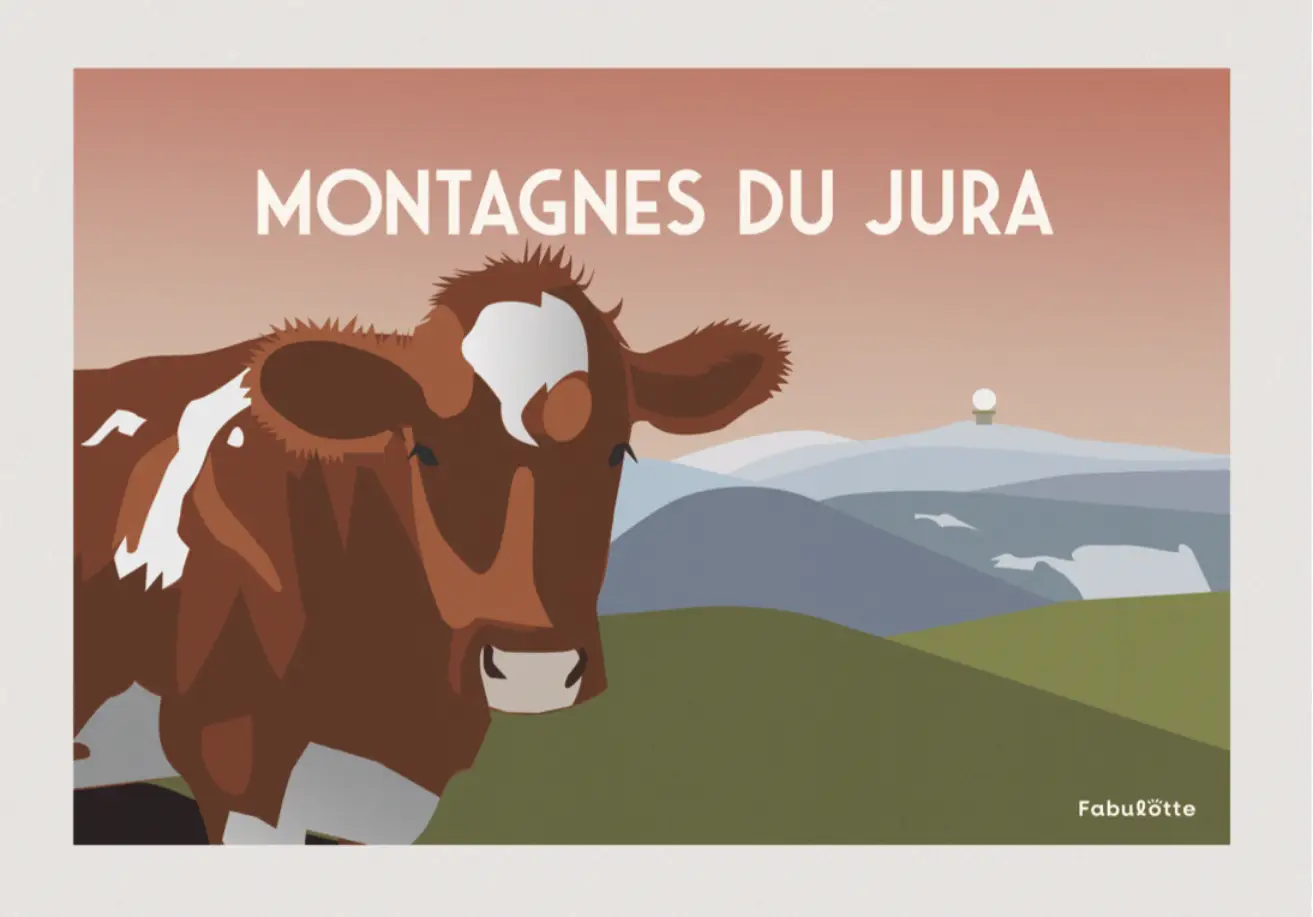 Affiche vectorielle moderne  montagnes du Jura - une vache en premier plan - Monts Jura - rose paysage - Édition limitée par Fabulotte.