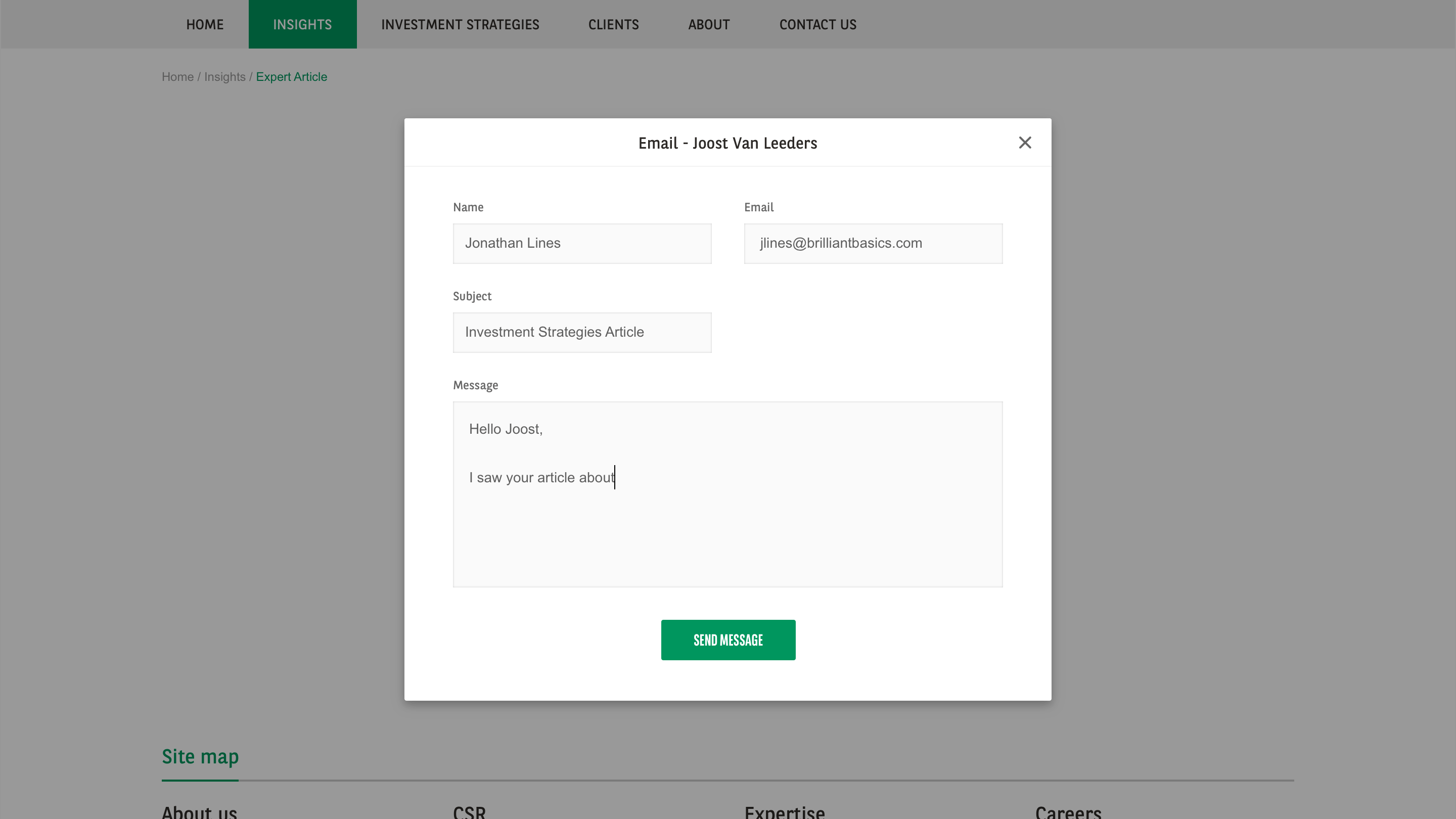 Contact modal overlay allowing users to message subject experts