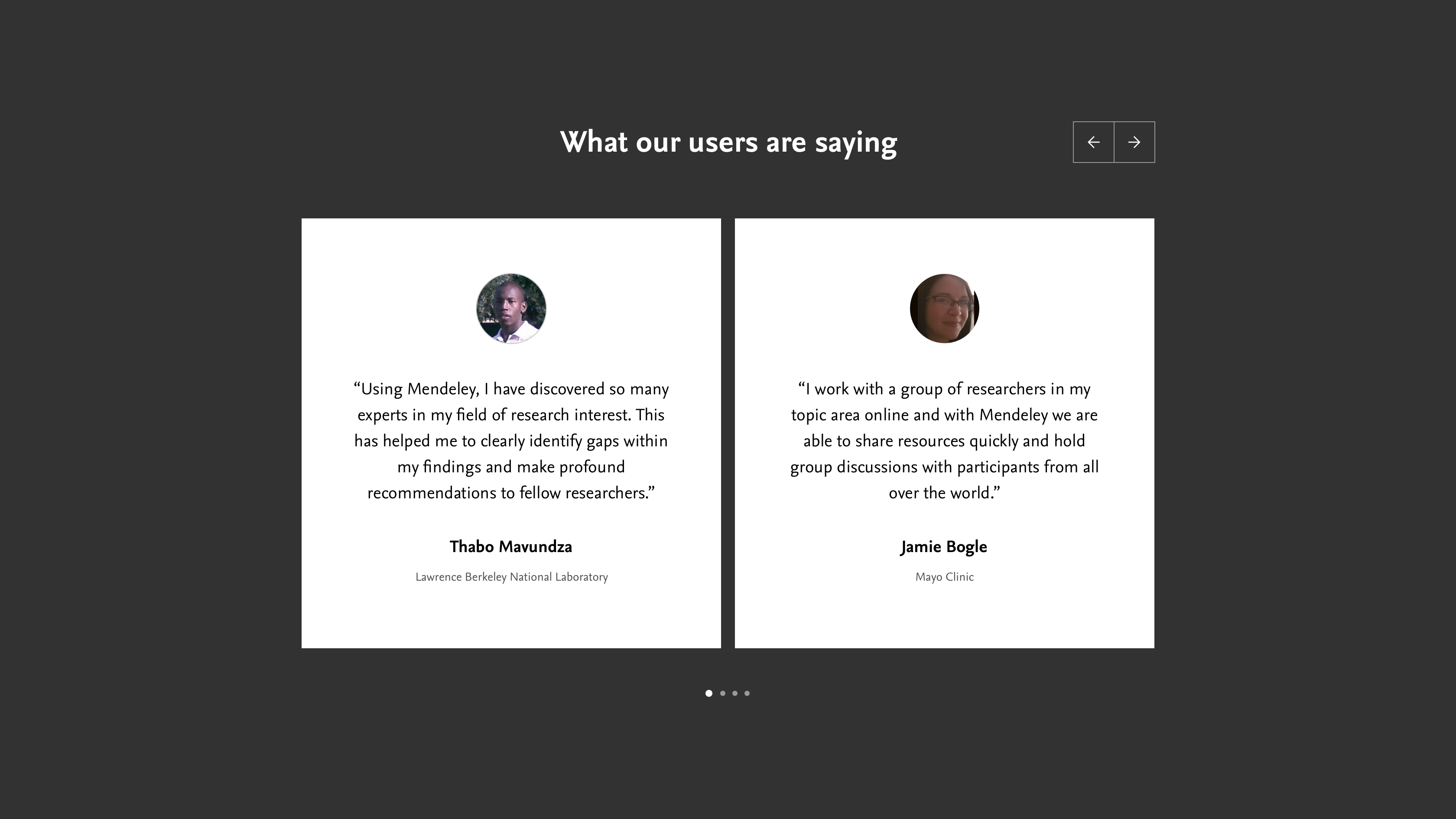 Carousel displaying user testimonials on Mendeley platform
