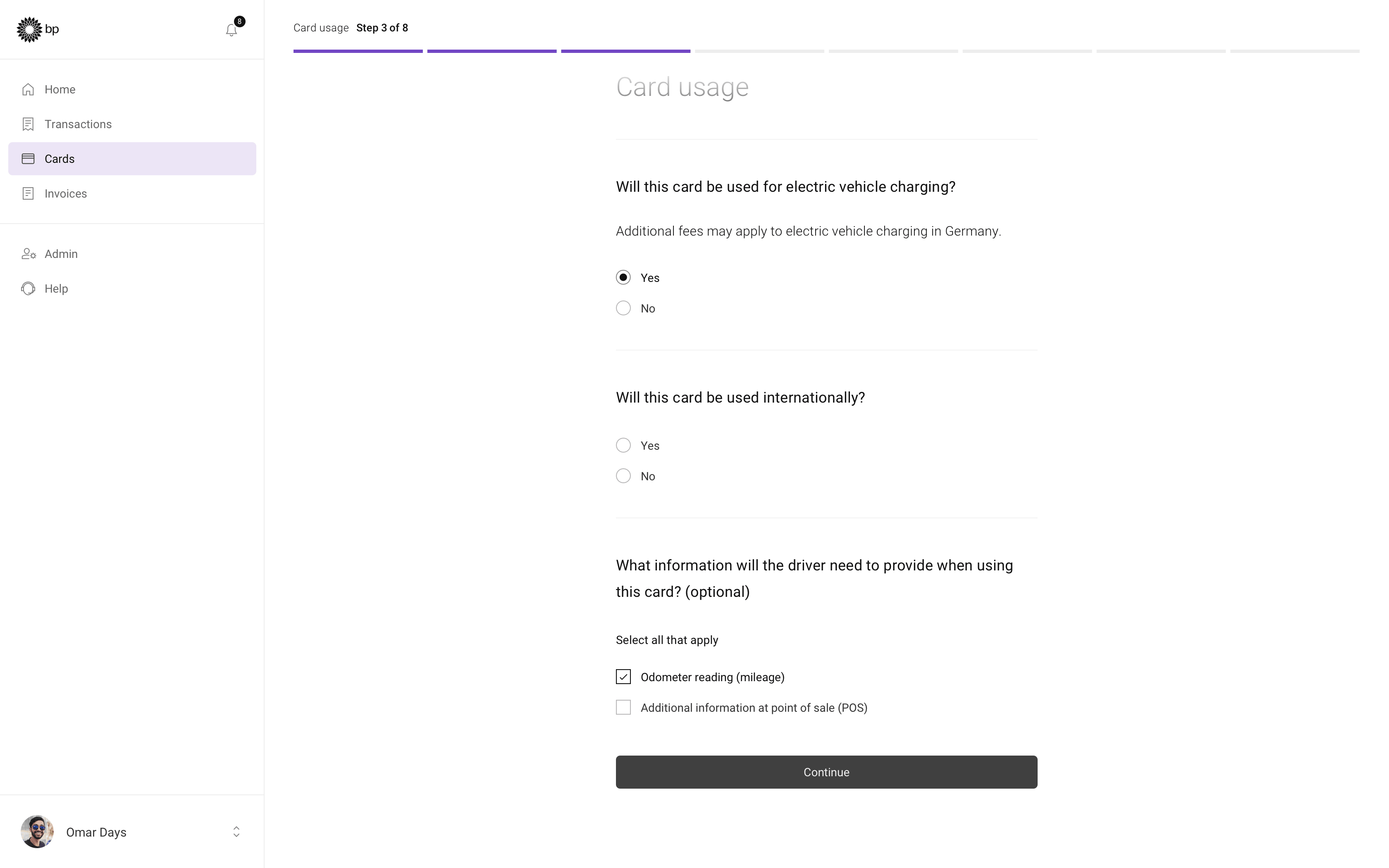 Card usage settings screen within card ordering flow