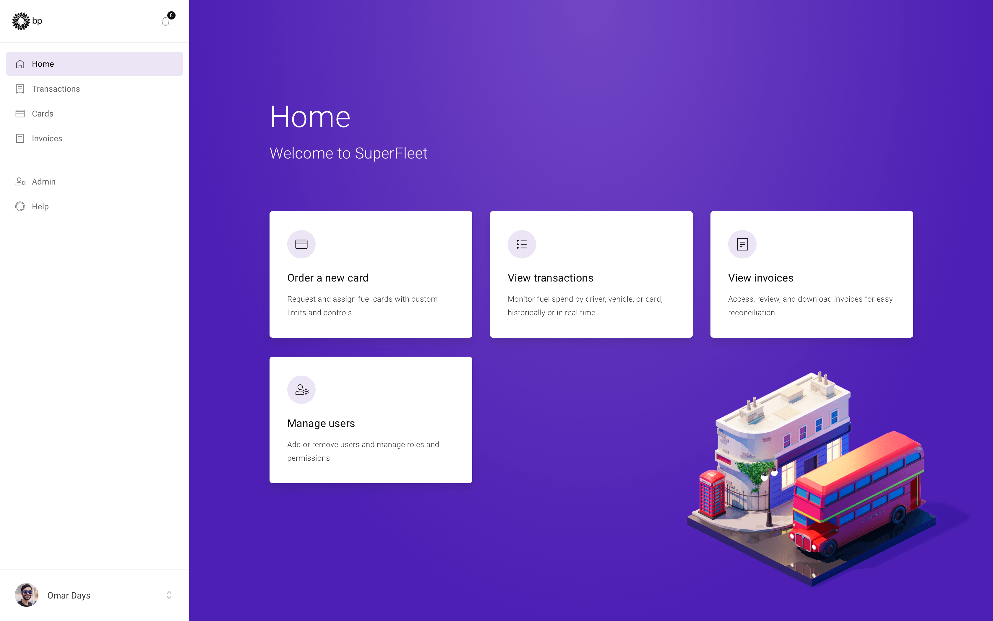 Home dashboard showing navigation and quick actions