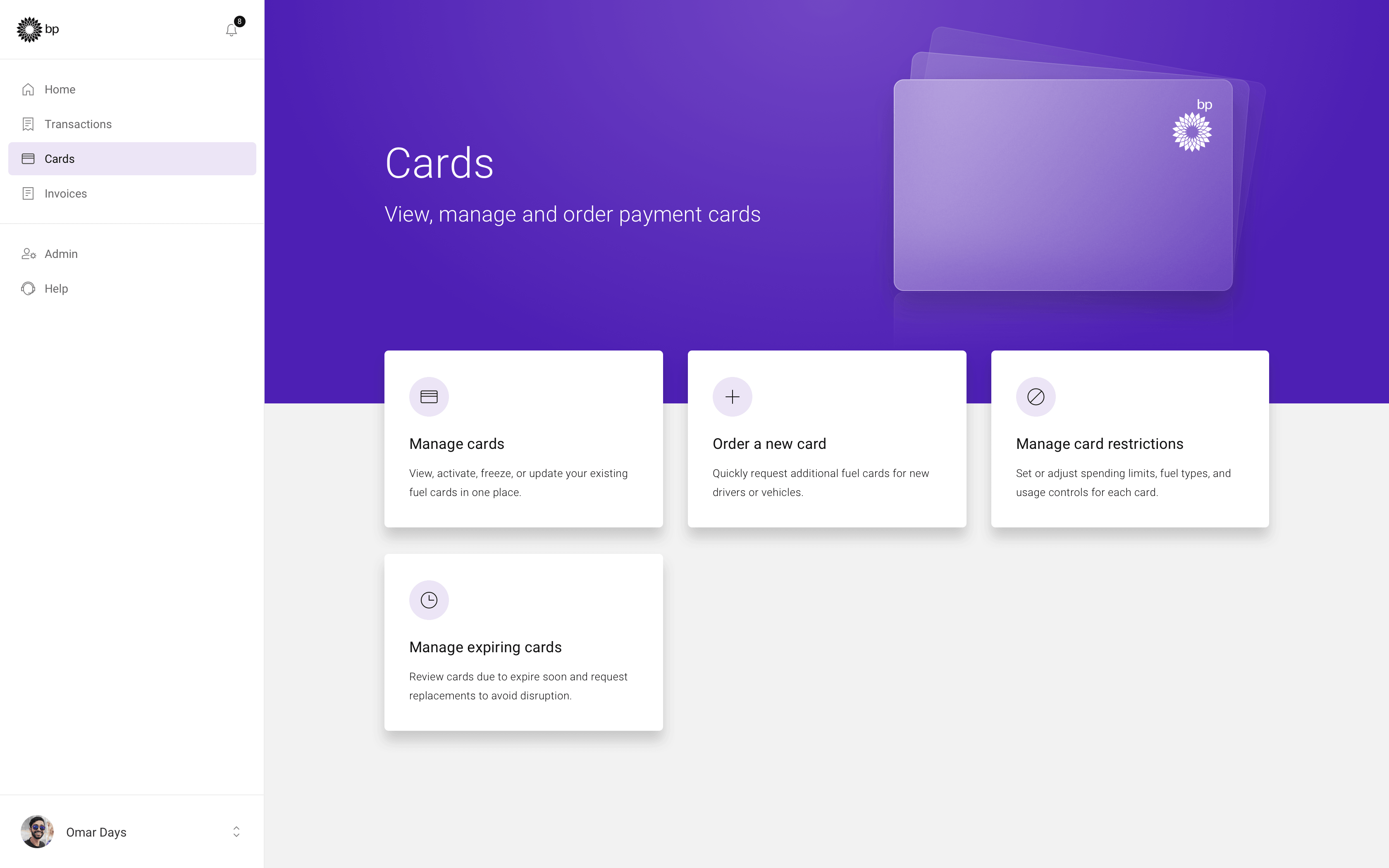 Cards landing screen with card management actions