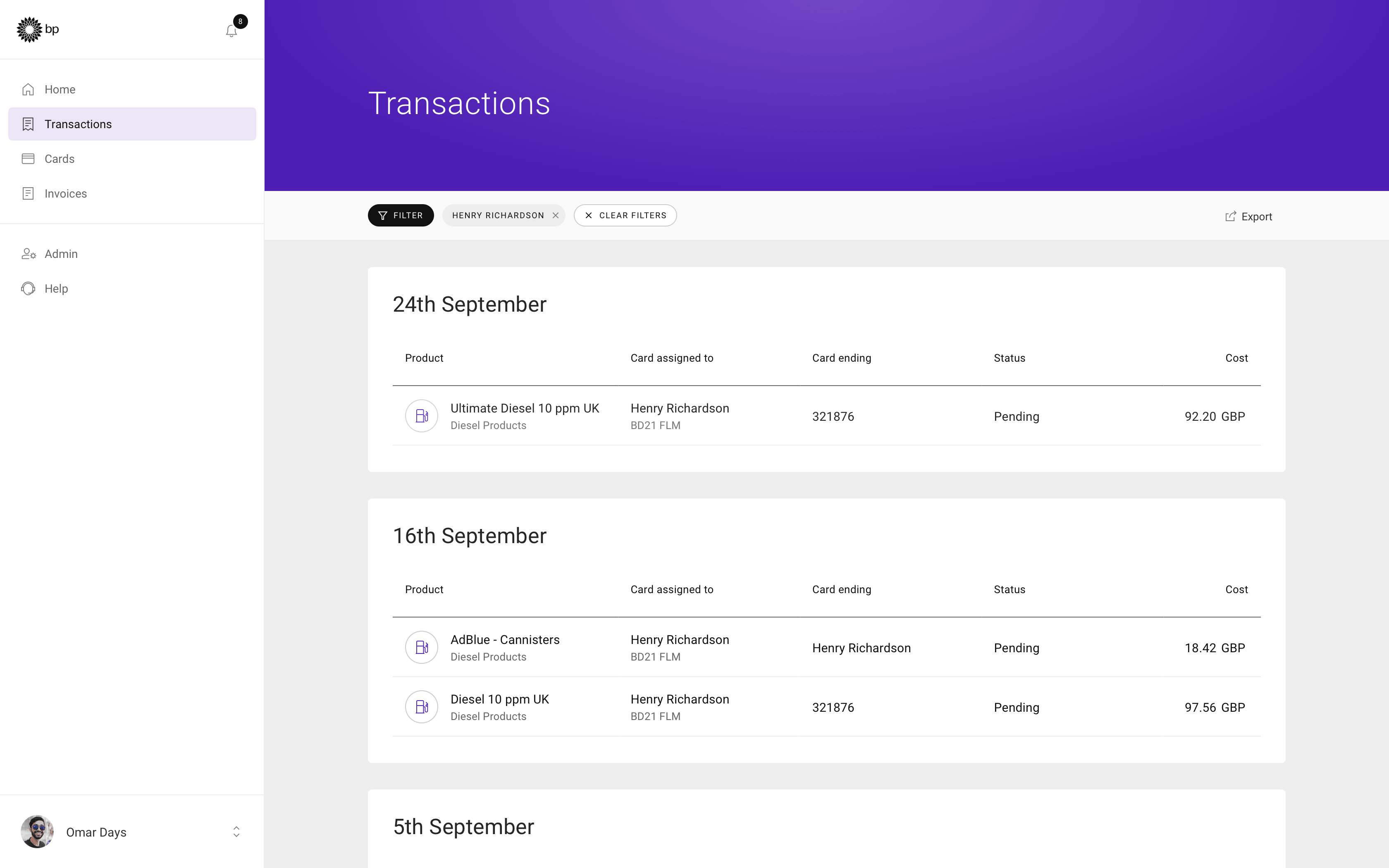 Itemised transactions list with amounts and dates