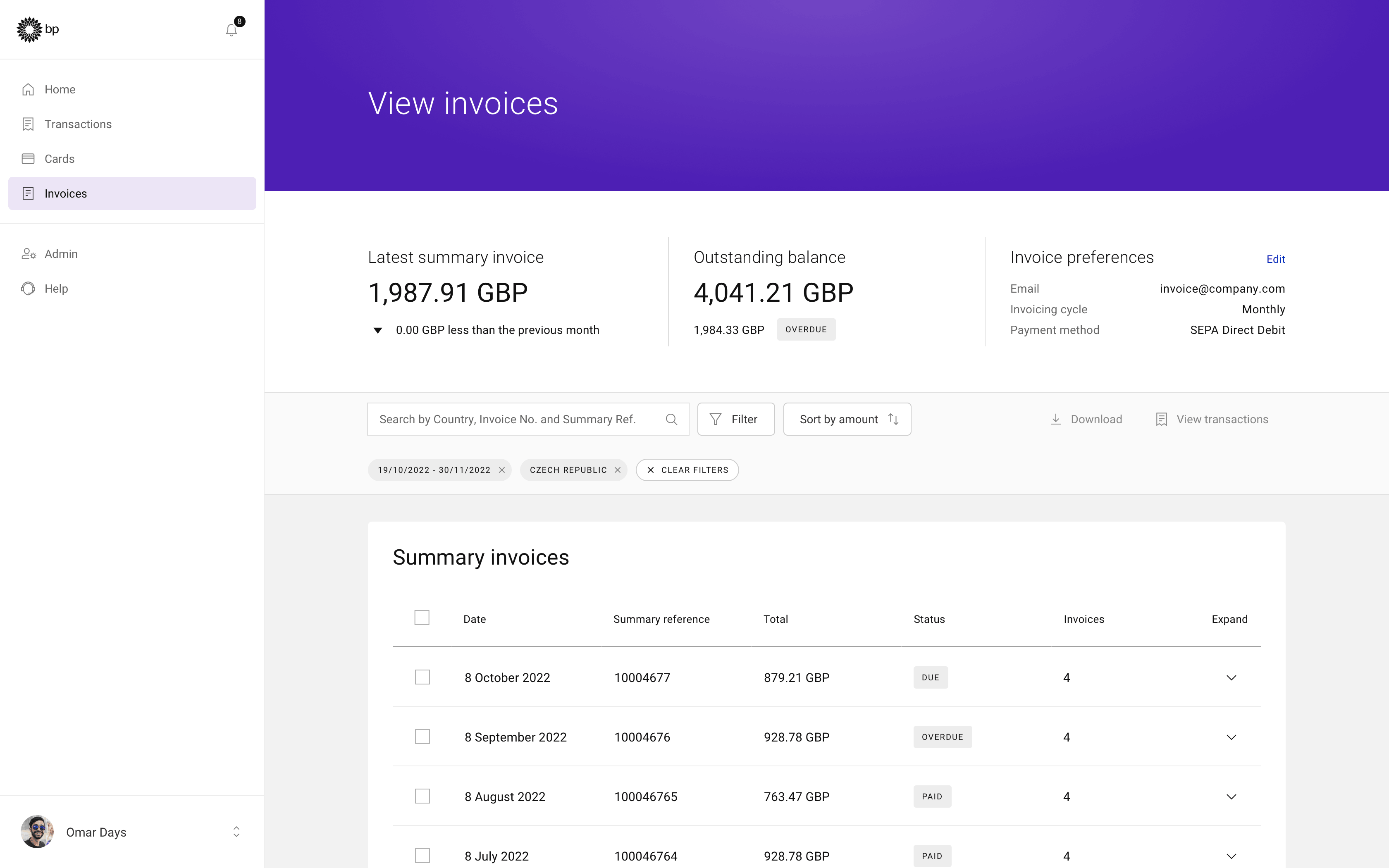 Invoices screen with filters applied to results