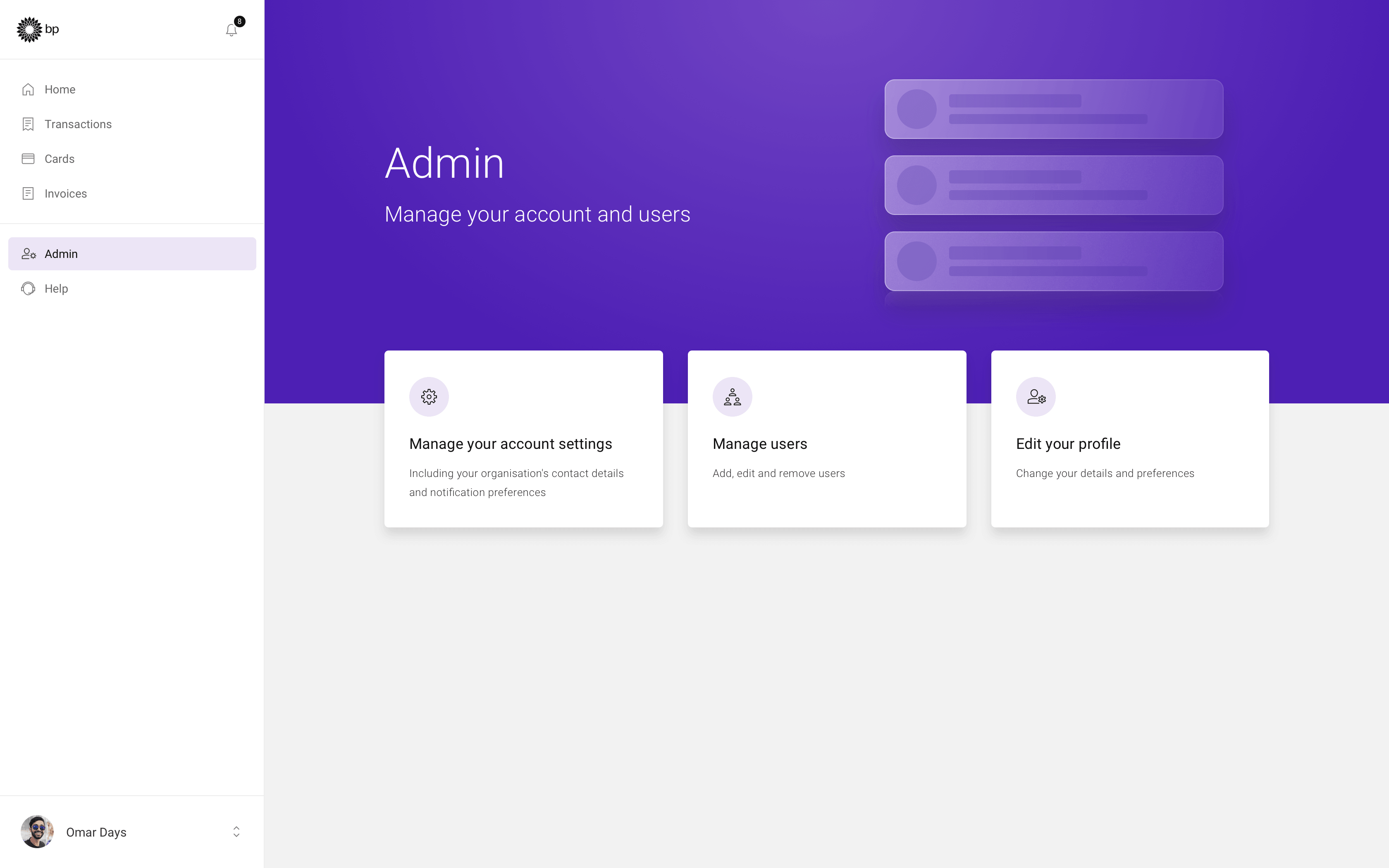 Admin dashboard showing quick actions and system overview