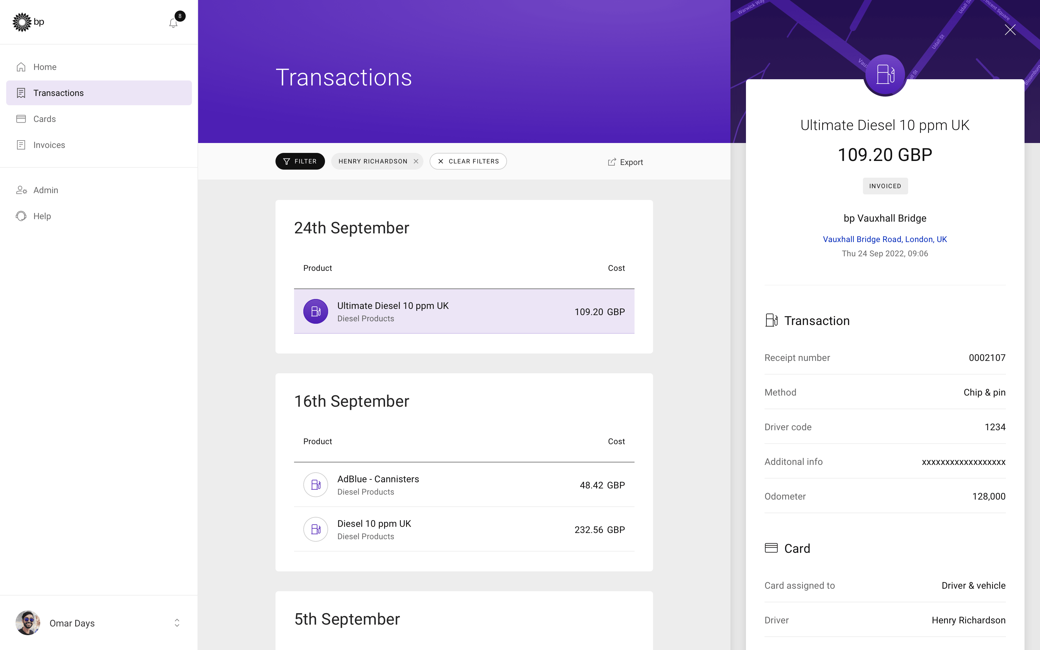 Itemised transactions list with transaction details drawer open
