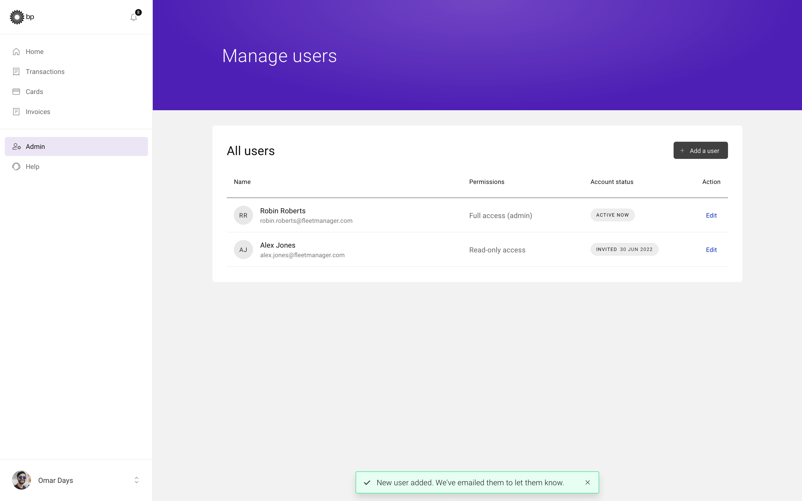 Admin user account list with new user added and toast notification
