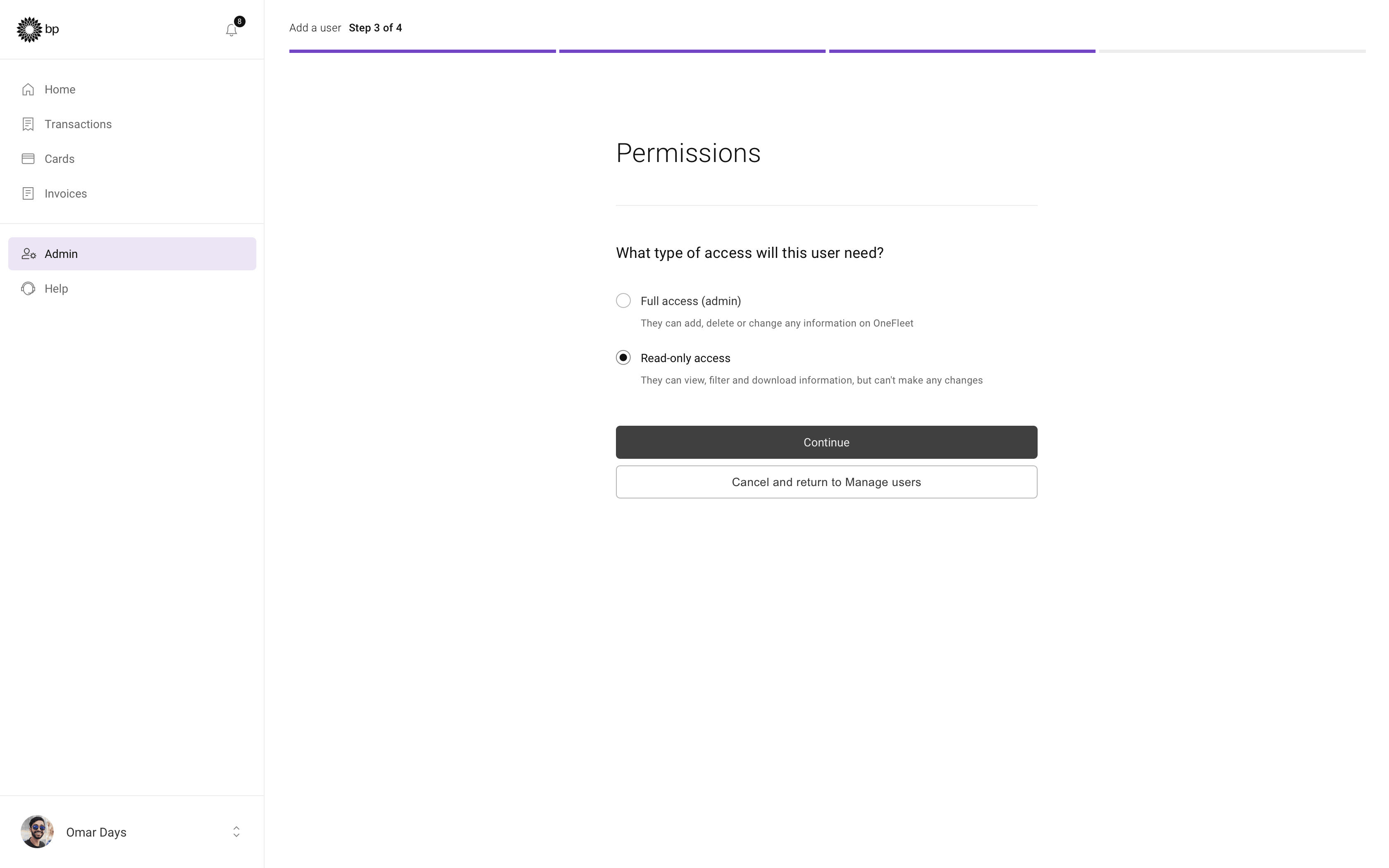 User permissions screen within add user flow