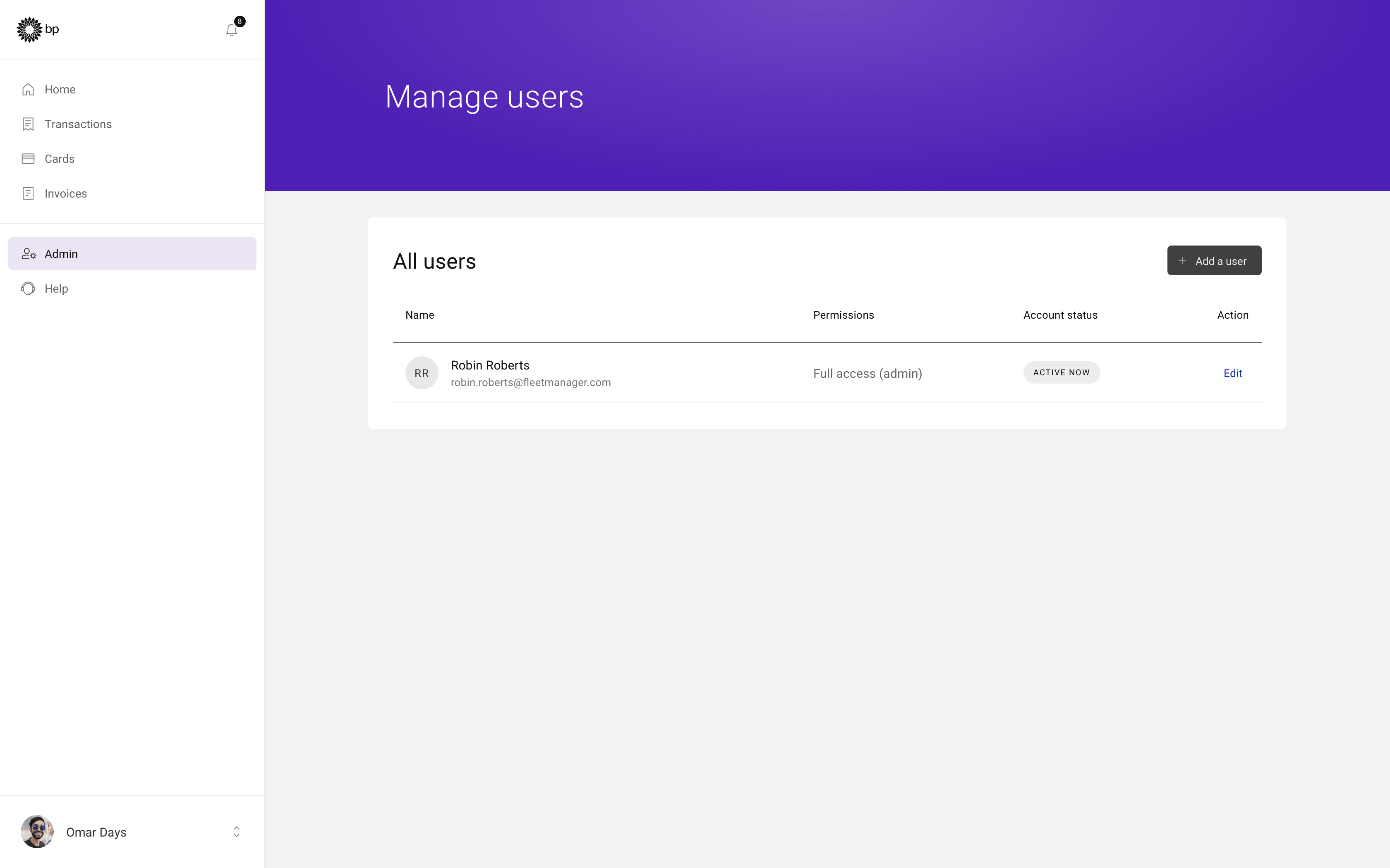 Admin user list with account details