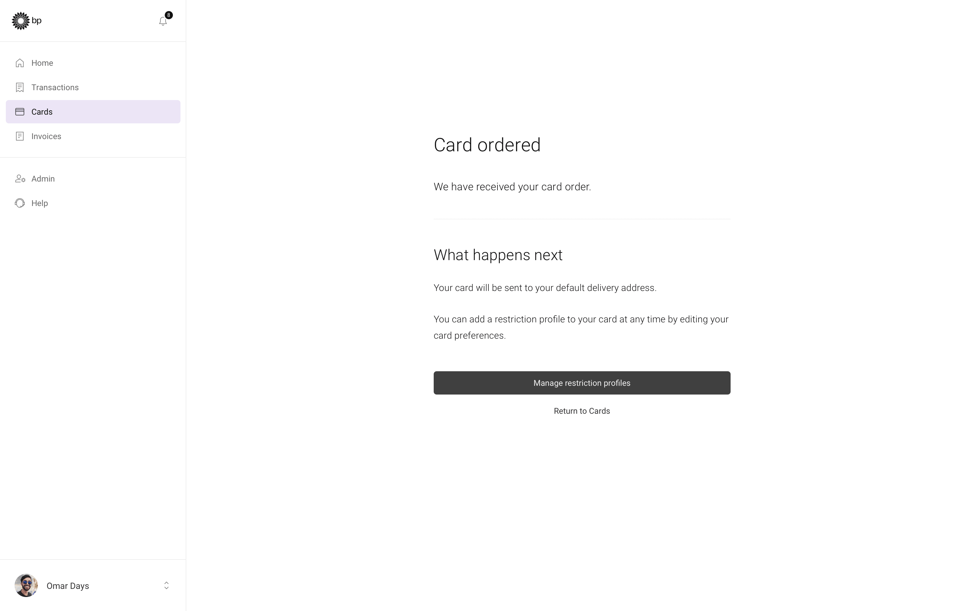 Card order confirmation screen with success message