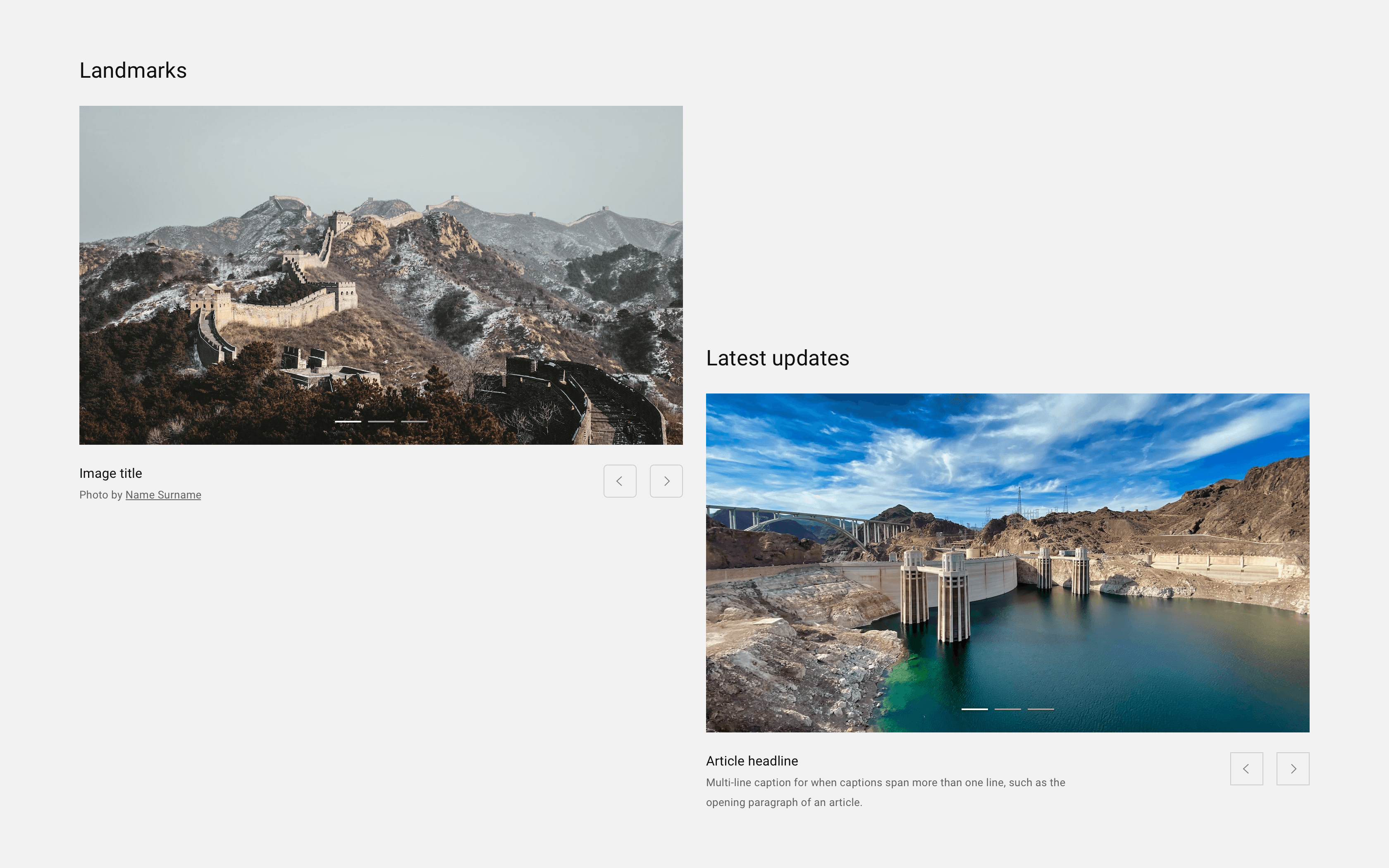 Single-focus carousels displaying image and article content with overlaid pagination