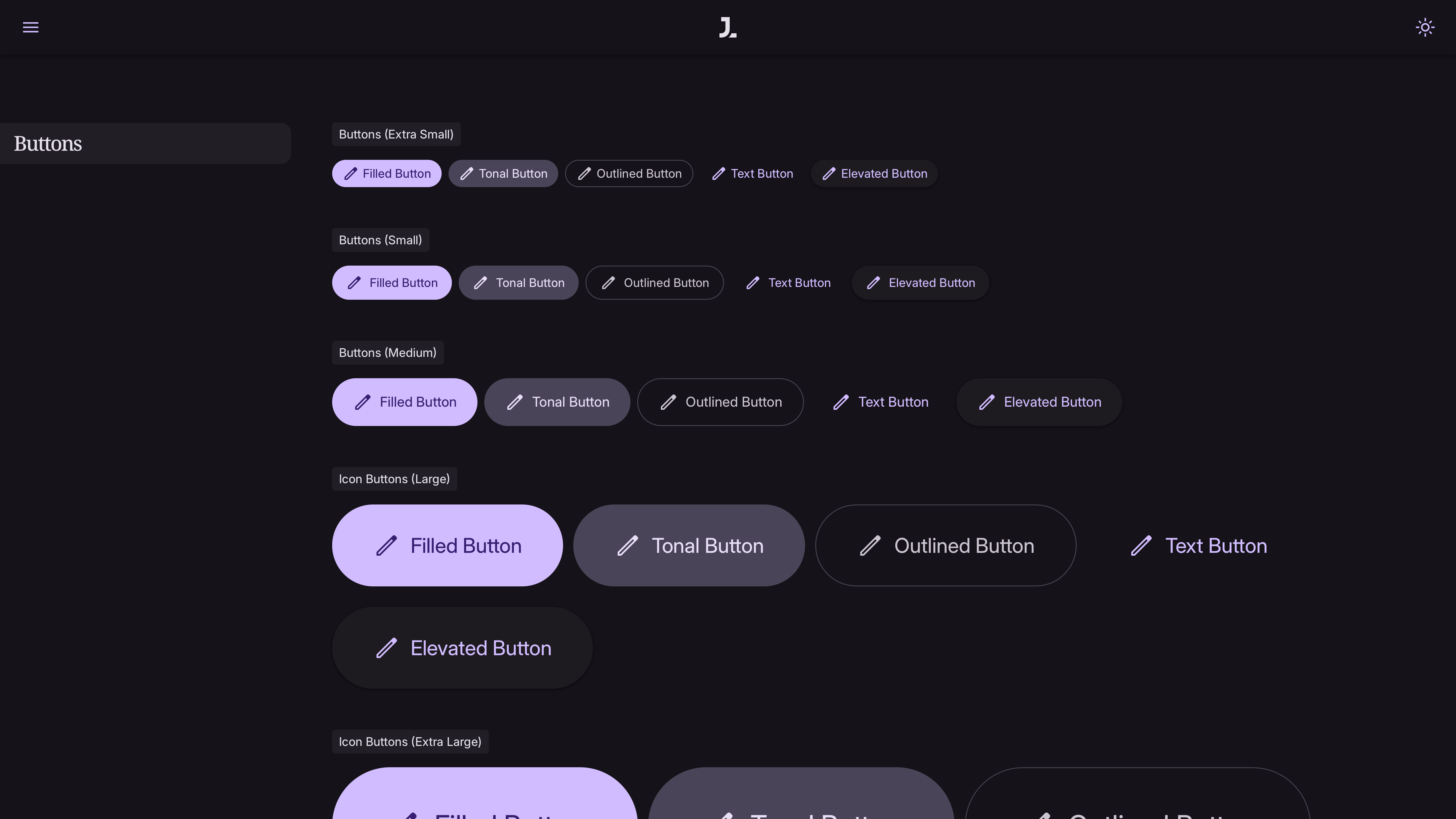 Dark mode button styles showing reusable states, hierarchy and interaction variants