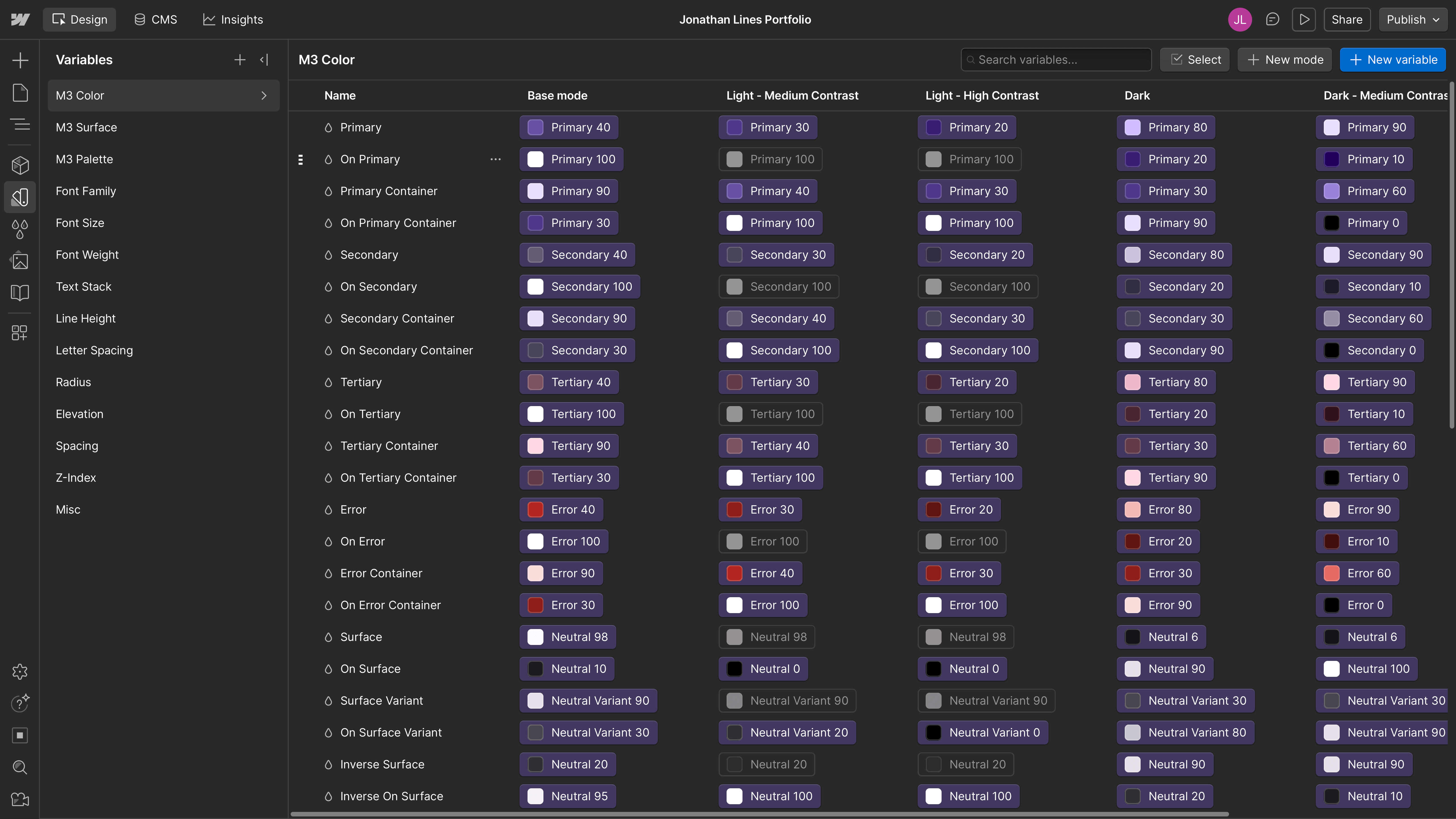 Semantic colour roles and states defined through reusable design tokens across the interface