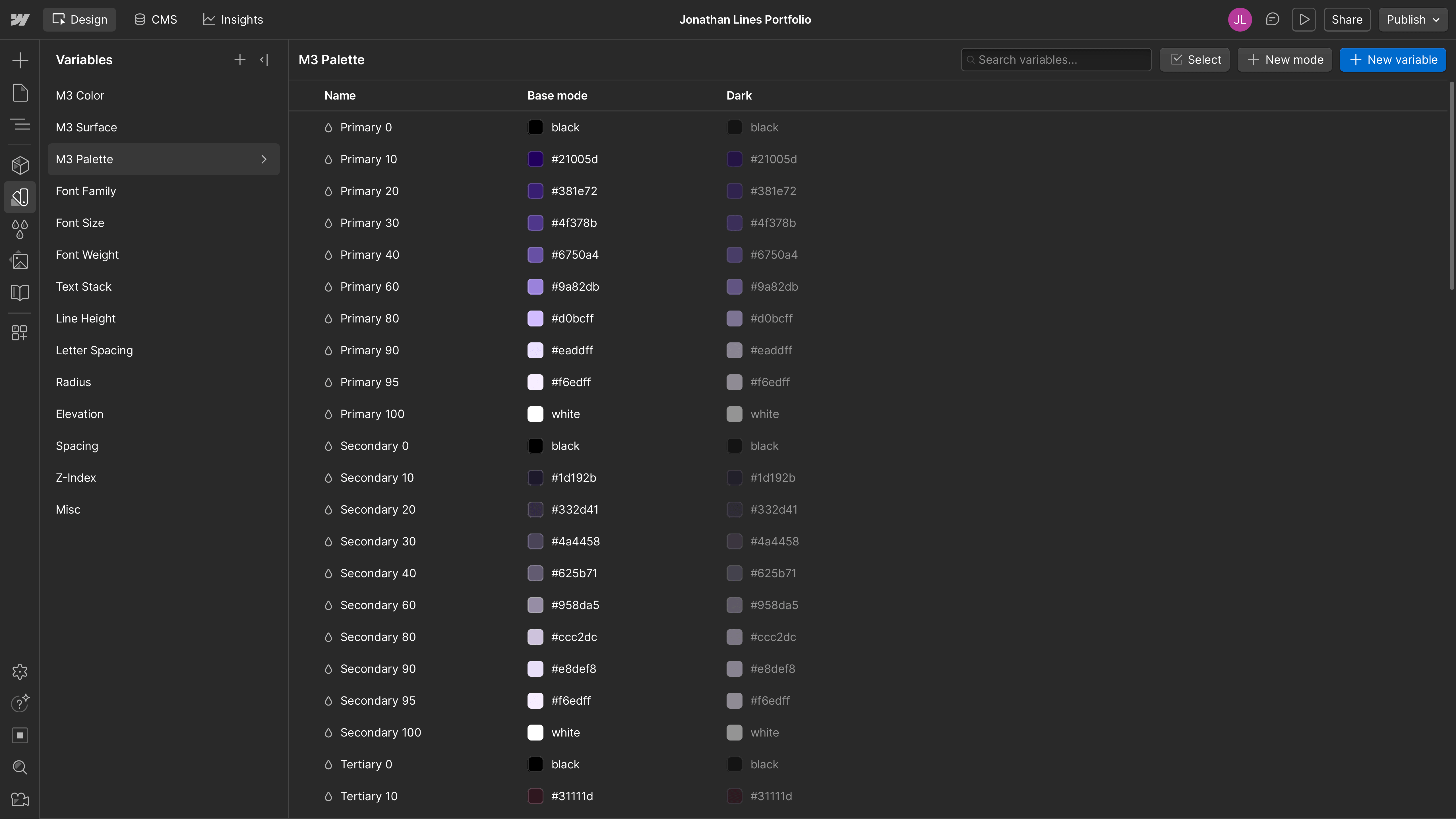 Core and supporting colour tokens structured for consistent application across components