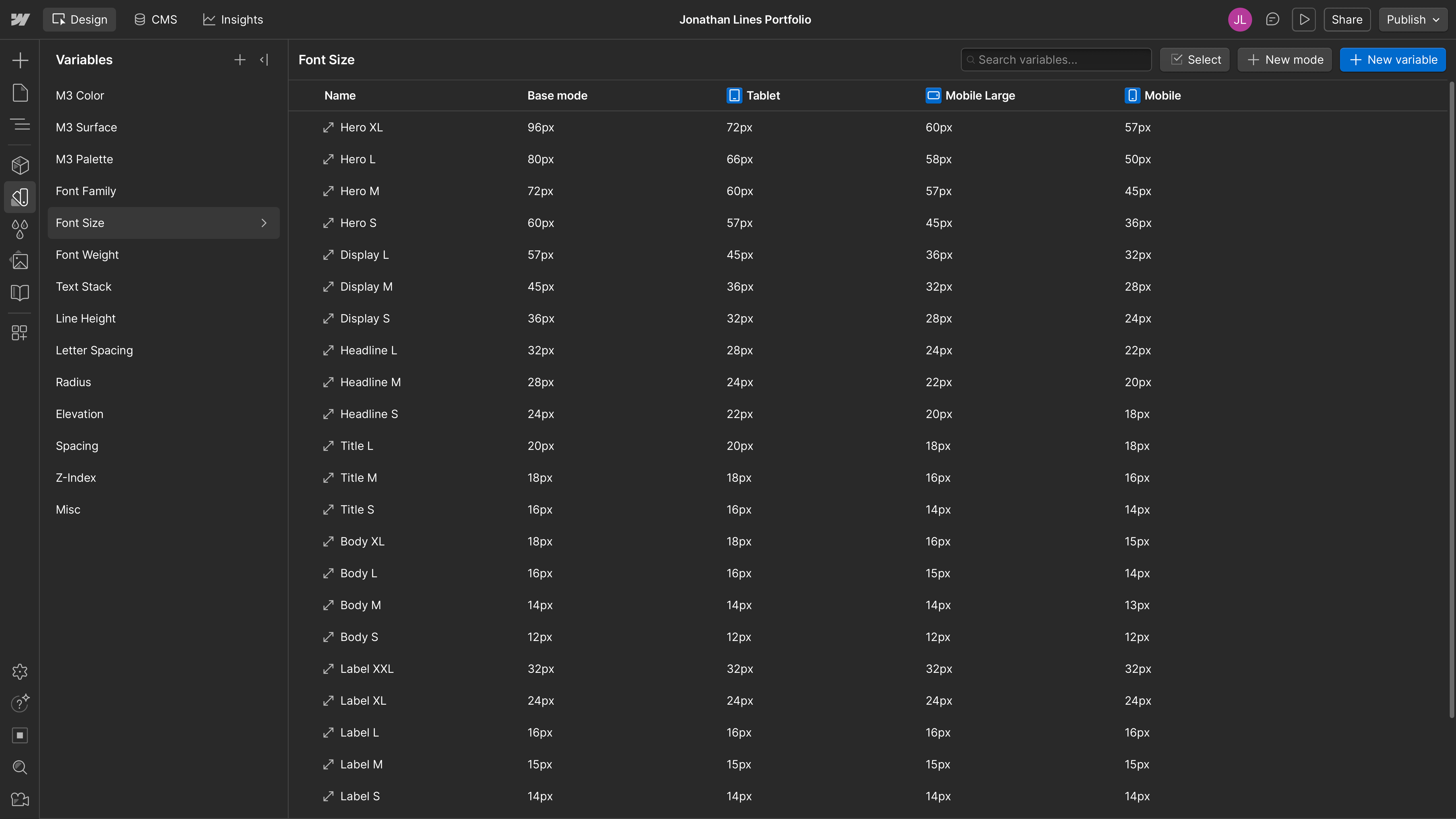 Font-size variables adapting typography consistently across responsive breakpoints