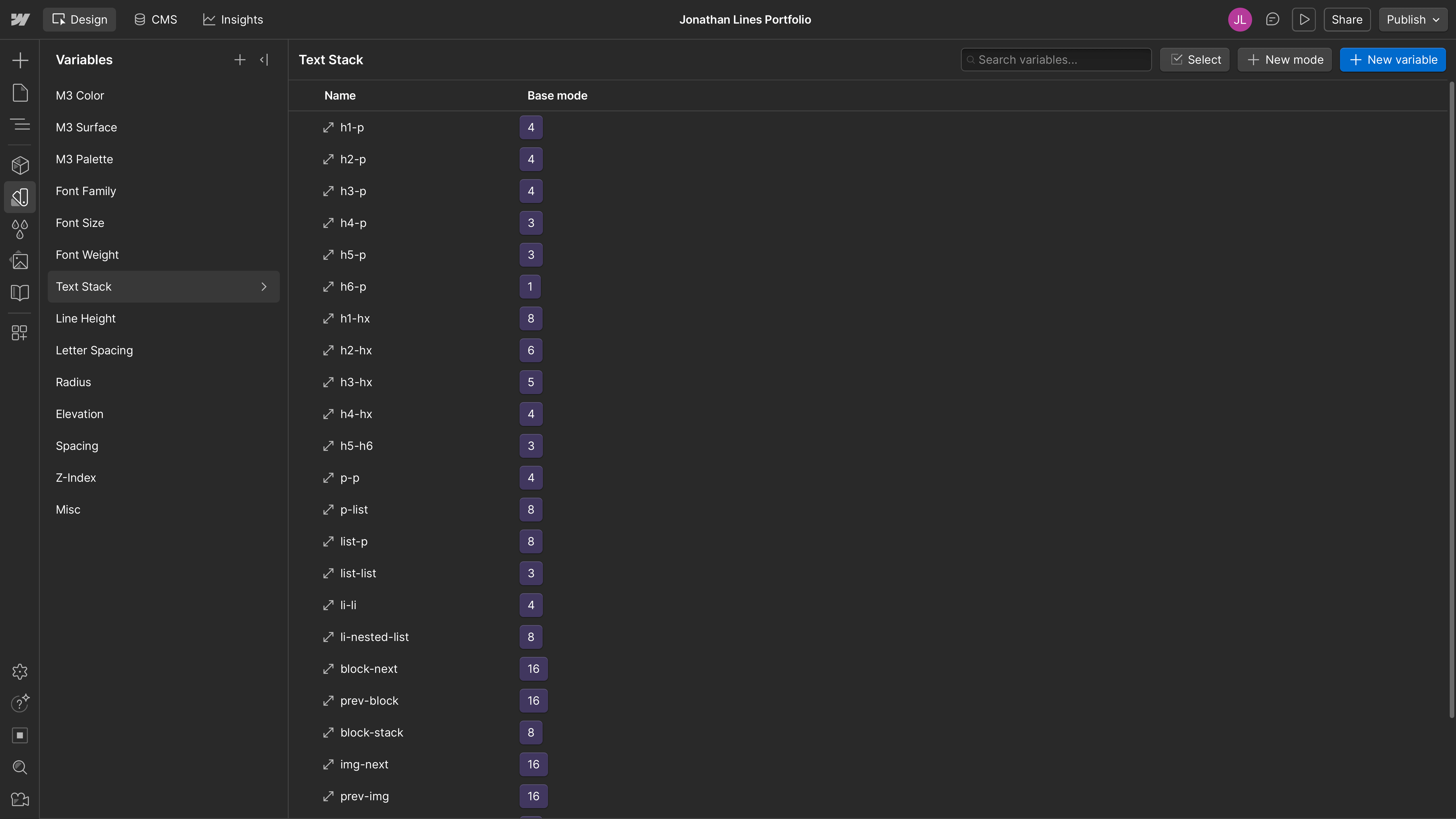 Typography stack combining font, spacing and hierarchy rules through reusable CSS variables
