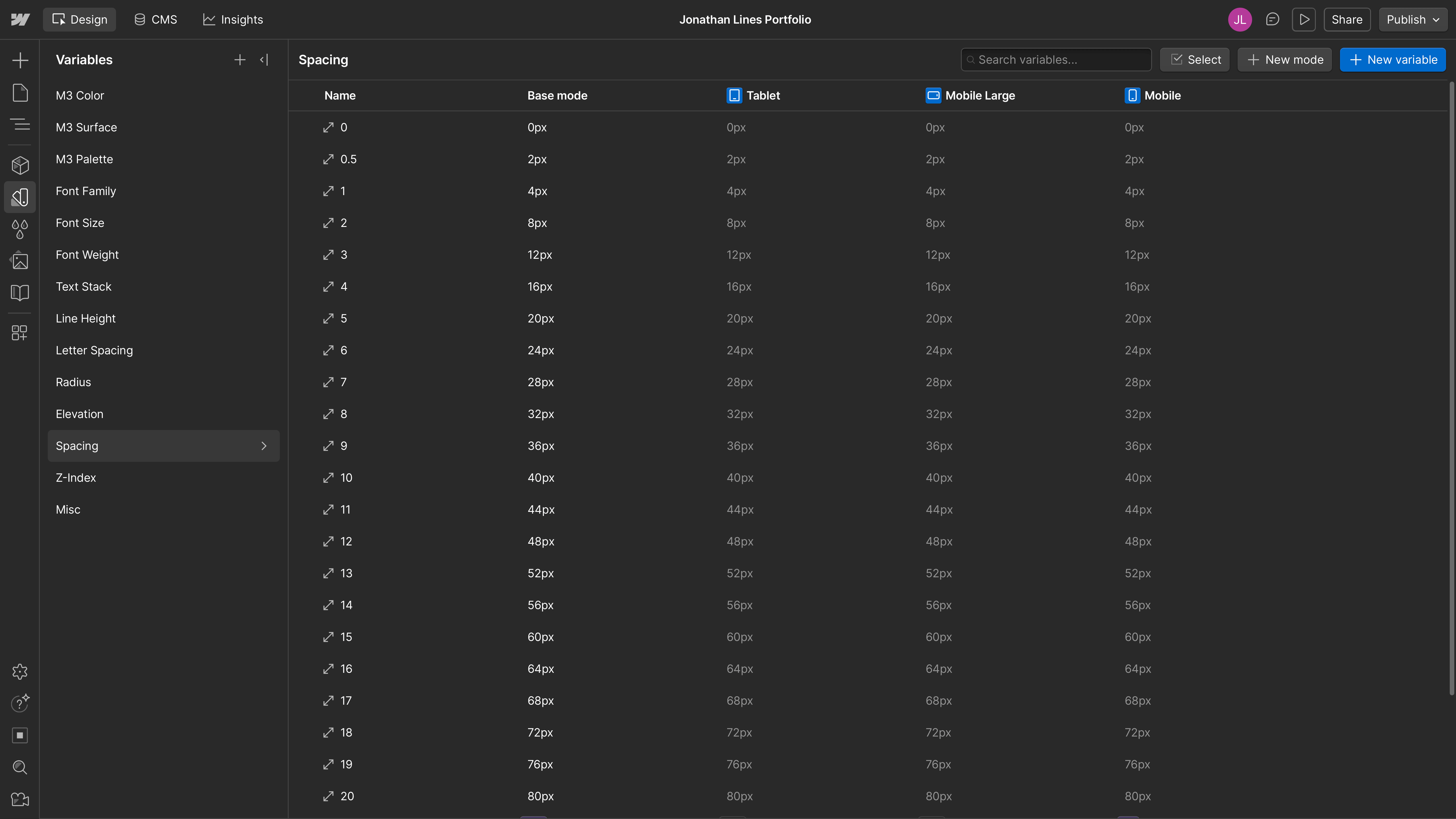 Spacing tokens defining consistent layout rhythm and component spacing throughout the site