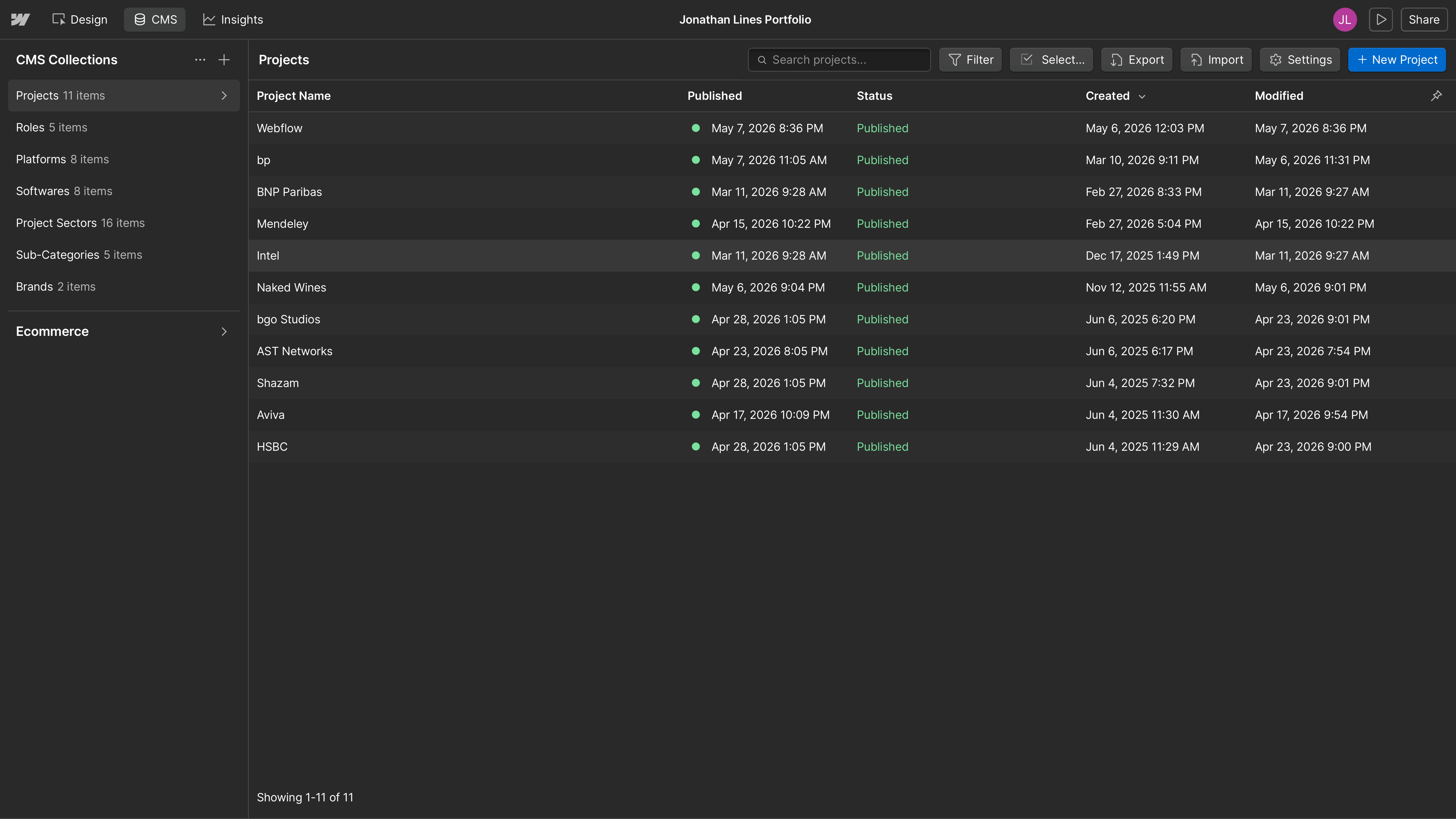 Structured CMS collections organising reusable project content across the portfolio
