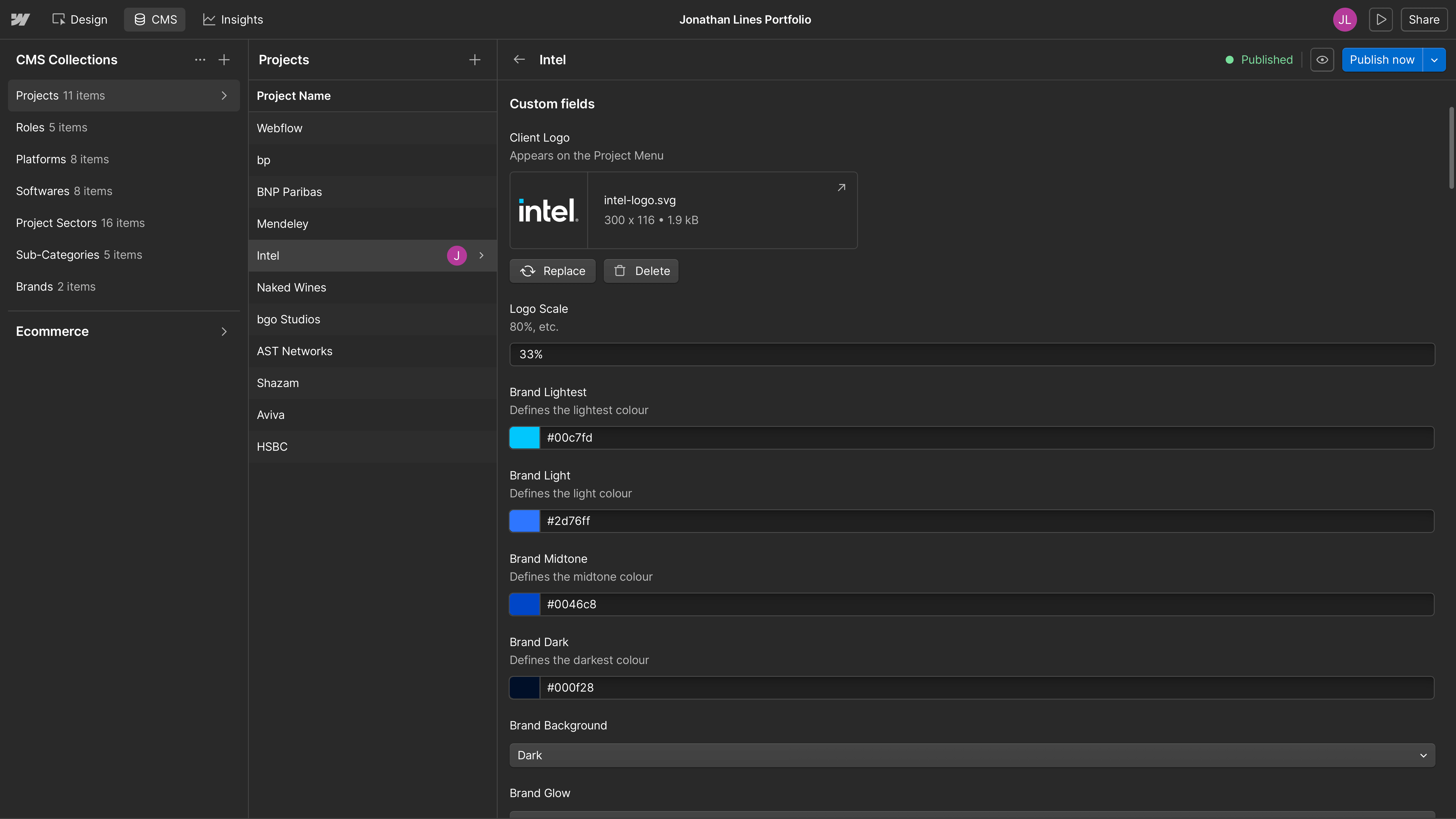 CMS-driven theming logic applying project-specific visual overrides across case studies
