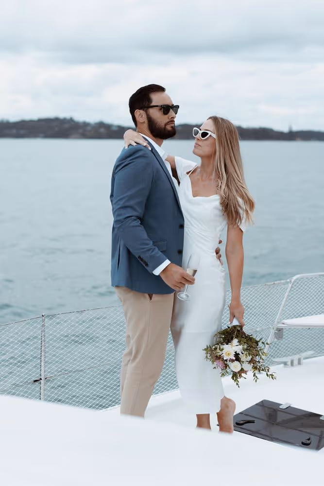 Bride and groom onboard Serenity, Silver Wave Yacht Charters