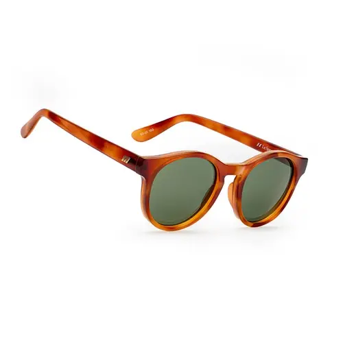 Pair of tortoiseshell round sunglasses with green lenses on a white background.