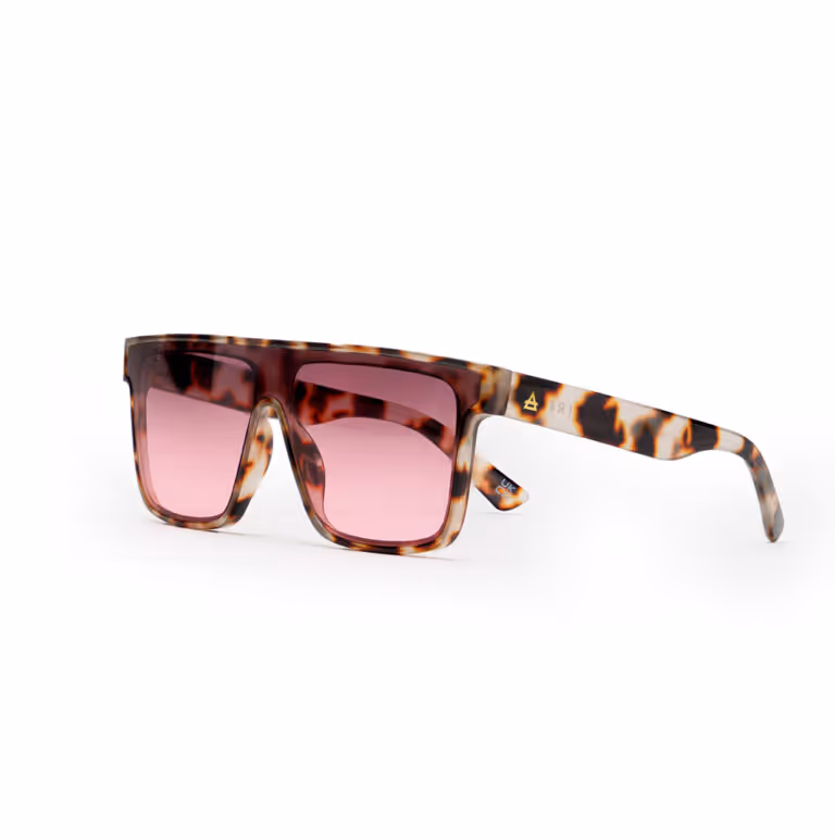 Rectangular sunglasses with tortoiseshell frames and pink gradient lenses.