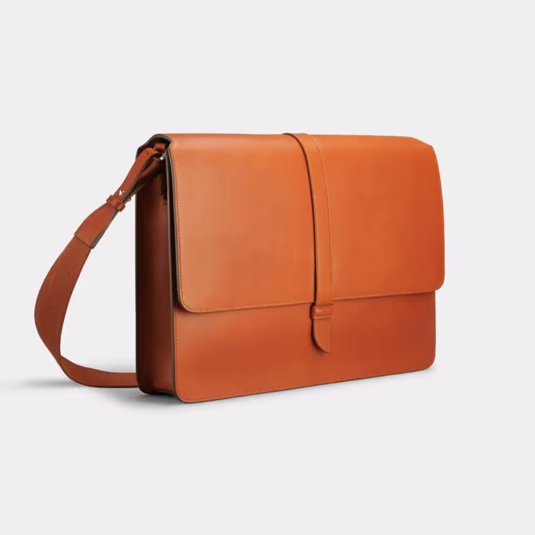 a brown messenger bag photo on white