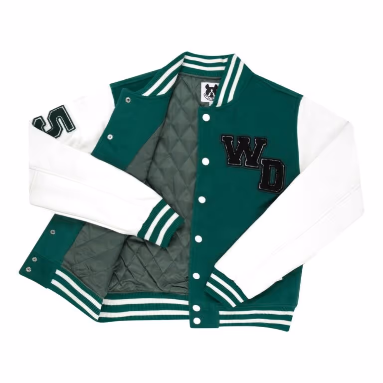 Flat lay photo of a green jacket